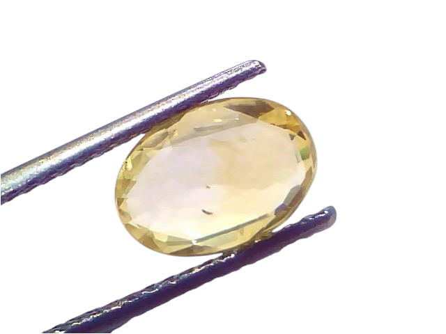 2.72 Ct Certified Unheated Natural Ceylon Yellow Sapphire Pukhraj displayed in tweezers, showcasing its oval cut and vibrant