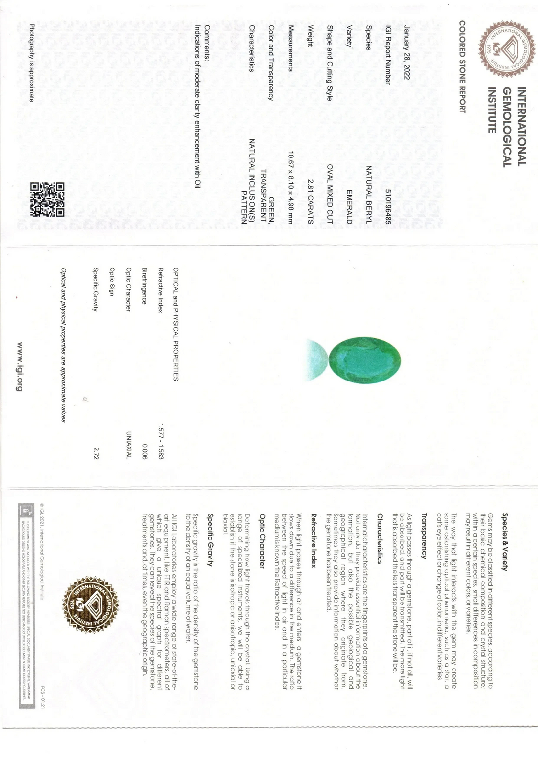 2.81 Ct IGI Certified Untreated Natural Zambian Emerald Gemstone - Venus Gems