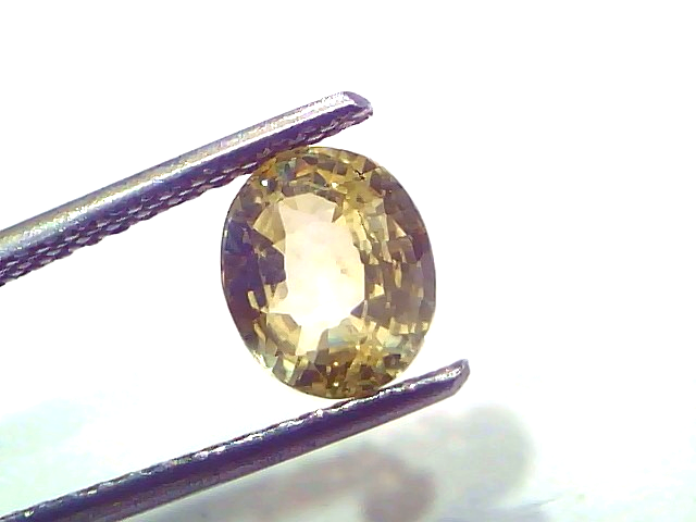 Oval-shaped 2.15 Ct certified unheated natural Ceylon yellow sapphire held by tweezers, showcasing its vibrant yellow hue.
