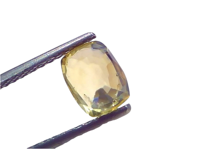 Certified 2.00 Carat Yellow Blue Pitambari Sapphire Pukhraj held by tweezers, showcasing its brilliant cut and color.