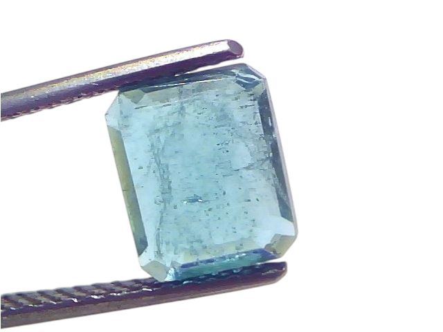 2.67 Carat Certified Natural Zambian Emerald, untreated, in emerald cut, held by tweezers against a white background.