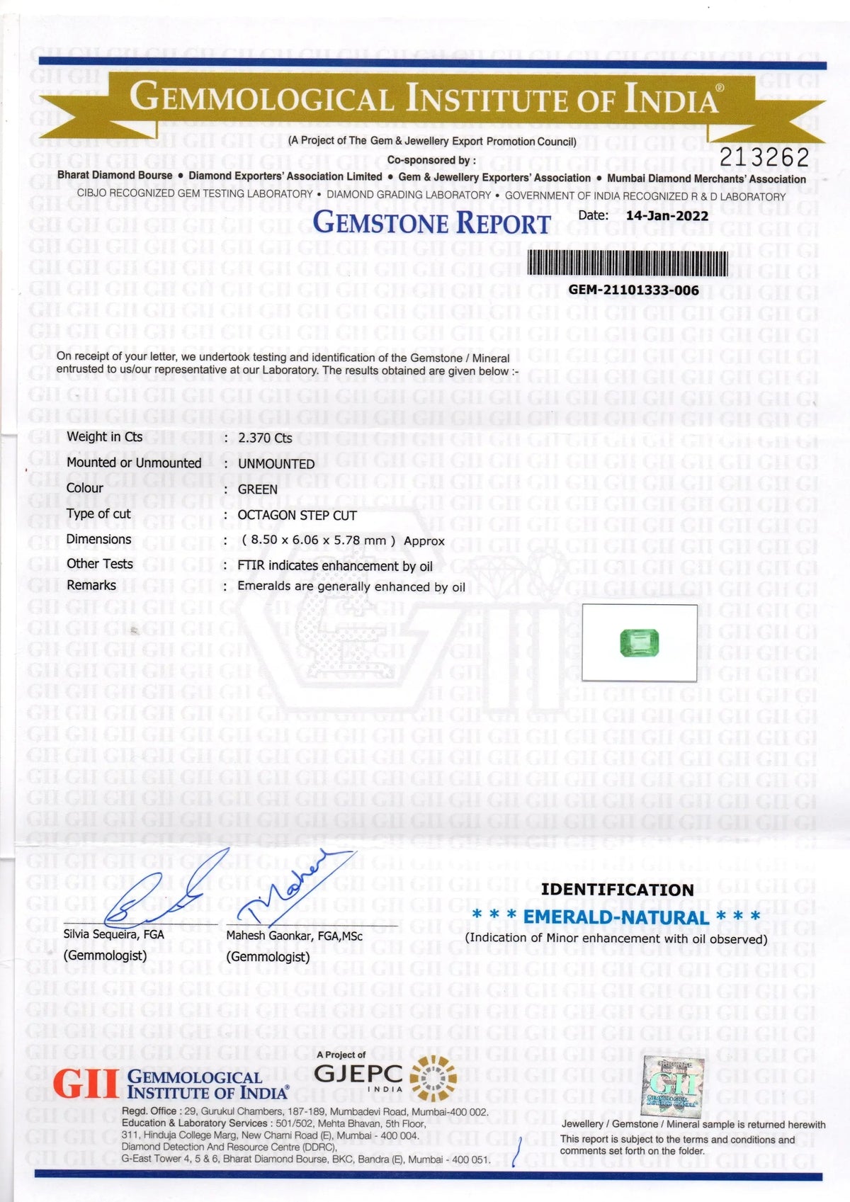 2.37 Ct GII Certified Untreated Natural Zambian Emerald Gemstone - Venus Gems