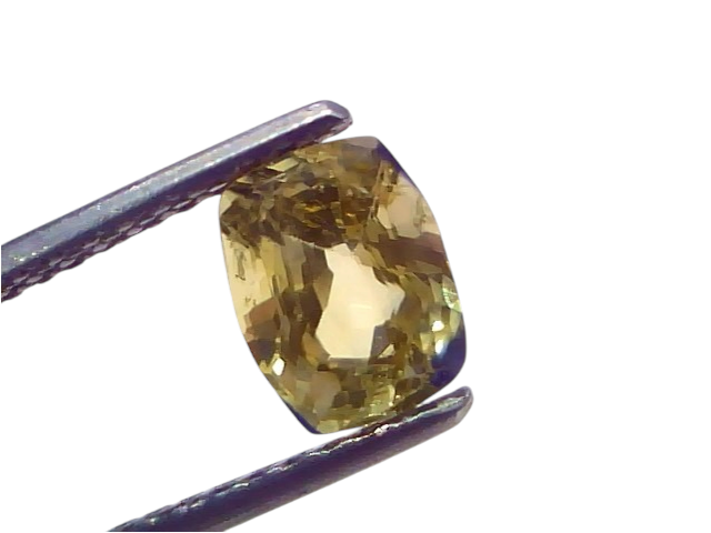 Certified 2.00 Carat Yellow Blue Pitambari Sapphire Pukhraj held by tweezers, showcasing its brilliant cut and color.