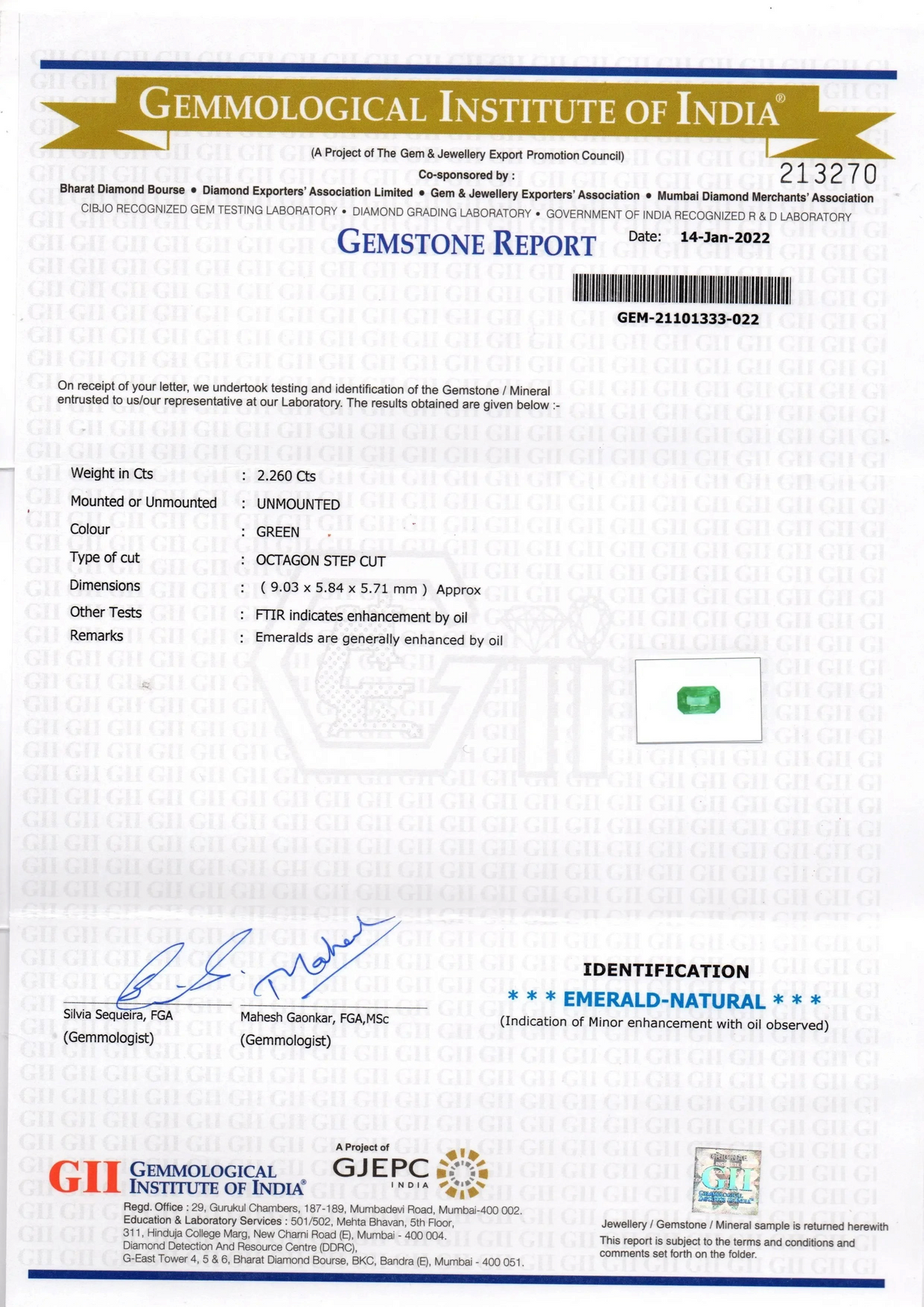 2.26 Ct GII Certified Untreated Natural Zambian Emerald Gemstone - Venus Gems