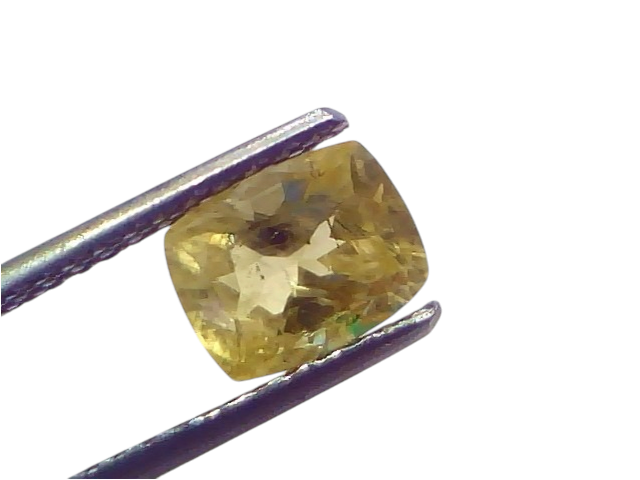 2.08 Ct Certified Unheated Natural Ceylon Yellow Sapphire Pukhraj, held with tweezers, showcasing its vibrant yellow hue and