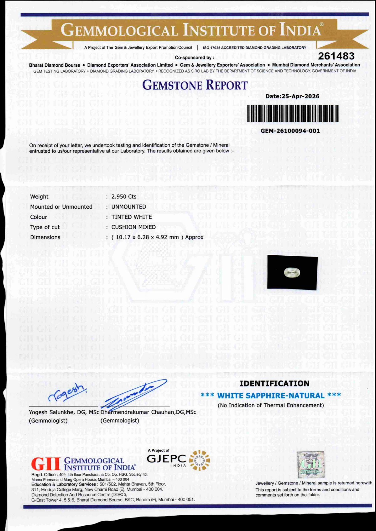 Gemstone report for 2.95 Ct Gii Certified Unheated Untreated Natural Ceylon White Sapphire, detailing specifications and cert
