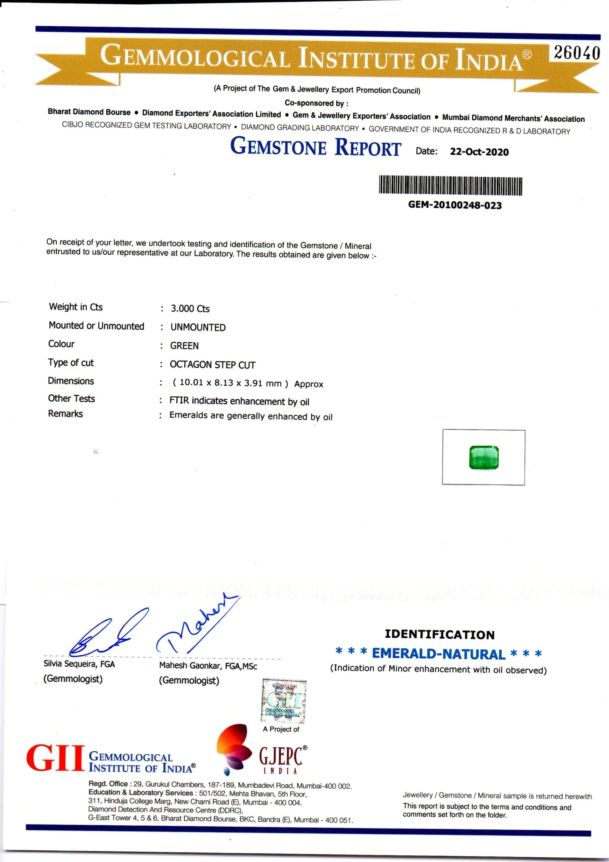 3.00 Ct GII Certified Untreated Natural Zambian Emerald Gems AAAA
