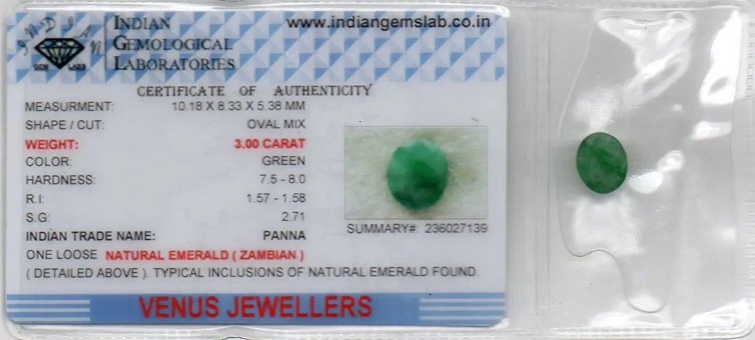 3.00 Ct Certified Untreated Natural Zambian Emerald Panna Gemstone - Venus Gems