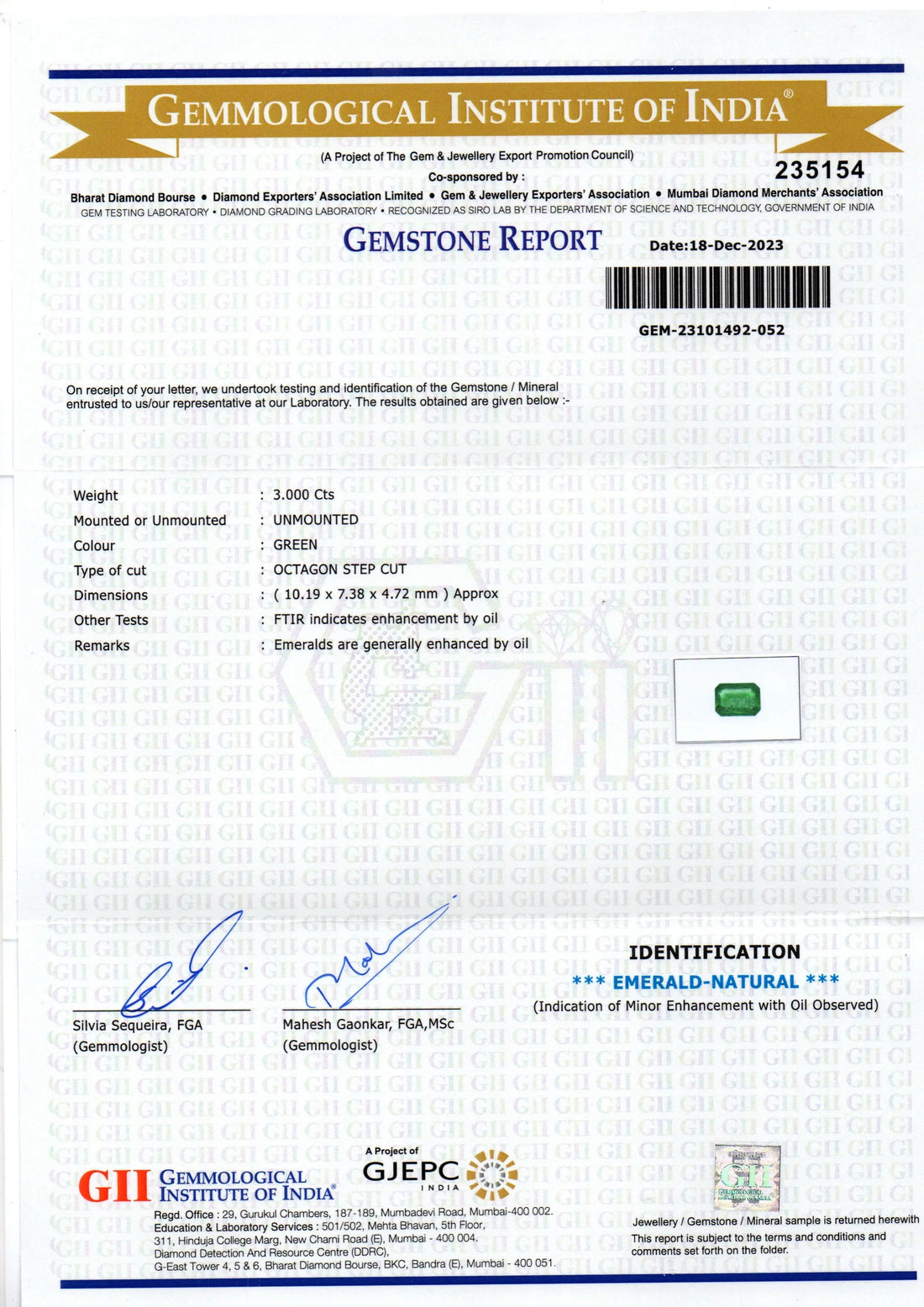 3.00 Ct GII Certified Untreated Natural Zambian Emerald Panna AAA - Venus Gems