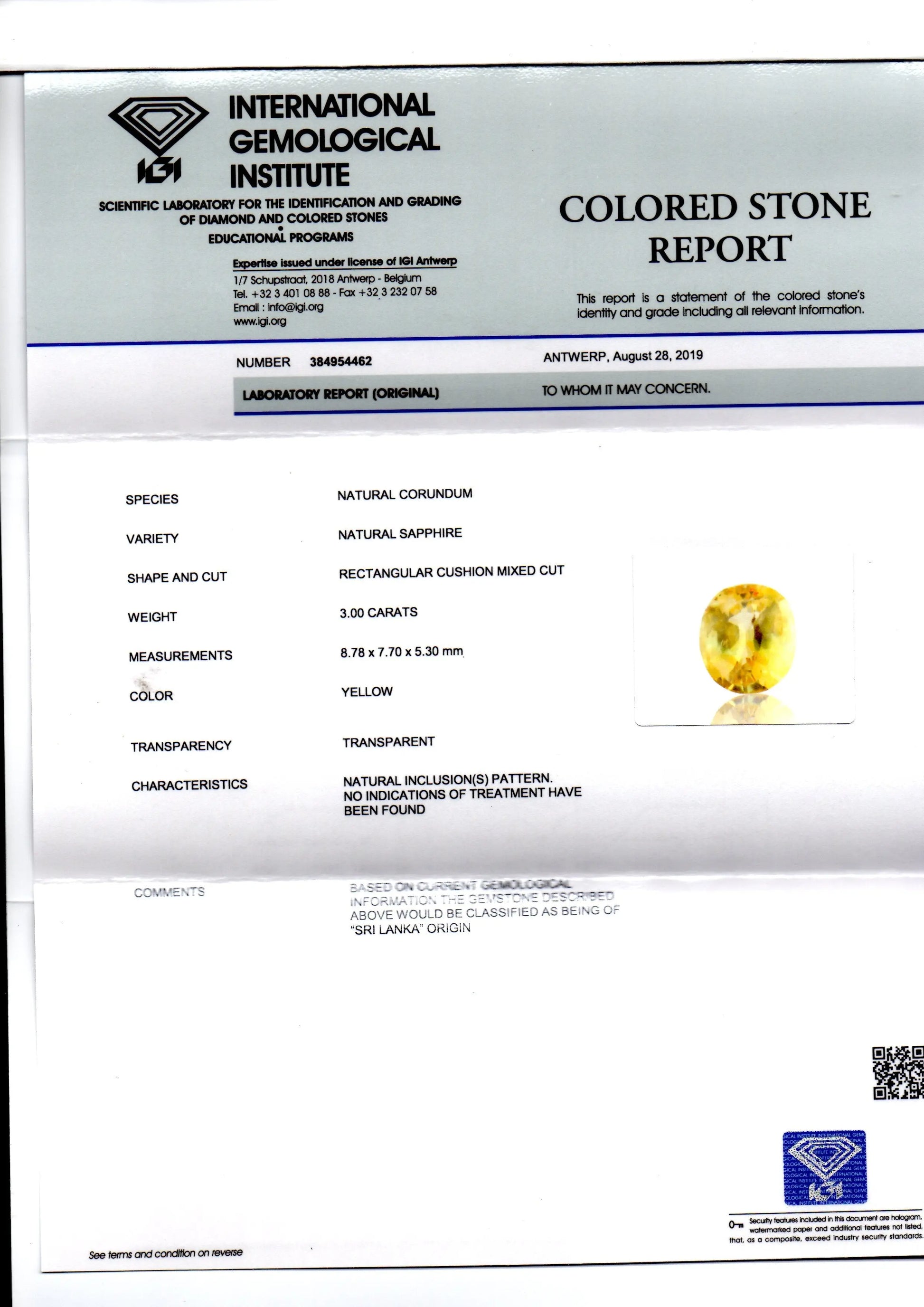 3.00 Ct IGI Certified Unheated Untreated Natural Ceylon Yellow Sapphire