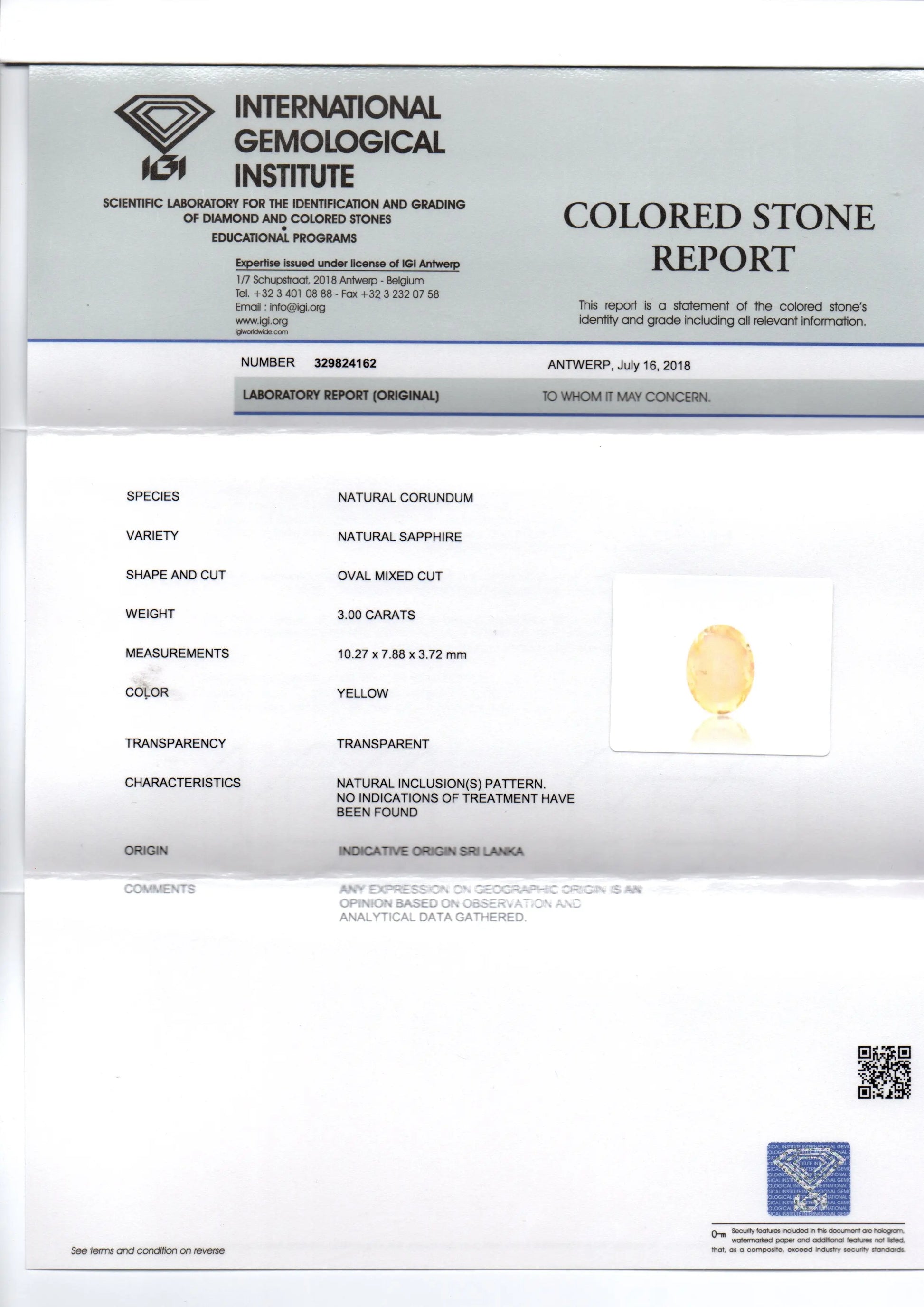 3.00 Ct IGI Certified Unheated Untreated Natural Yellow Sapphire Pukhraj