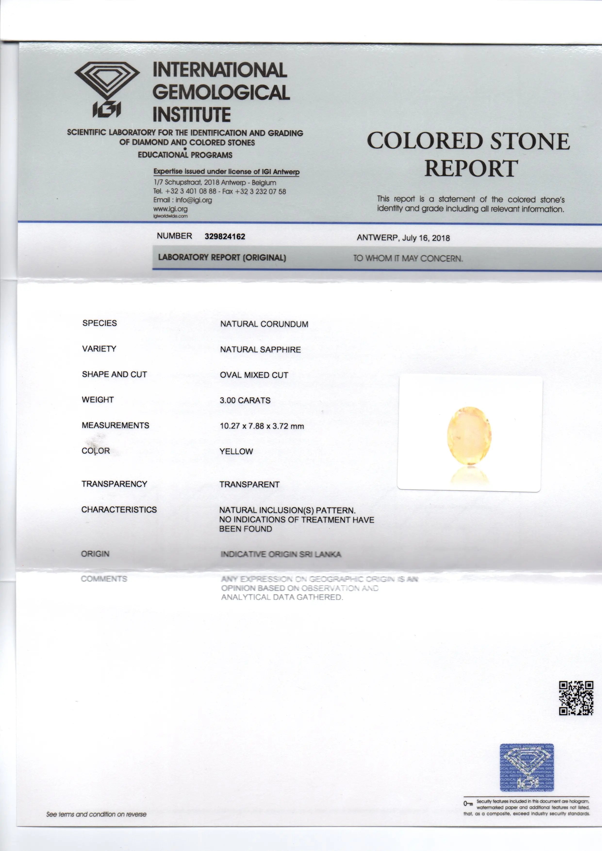 3.00 Ct IGI Certified Unheated Untreated Natural Yellow Sapphire Pukhraj