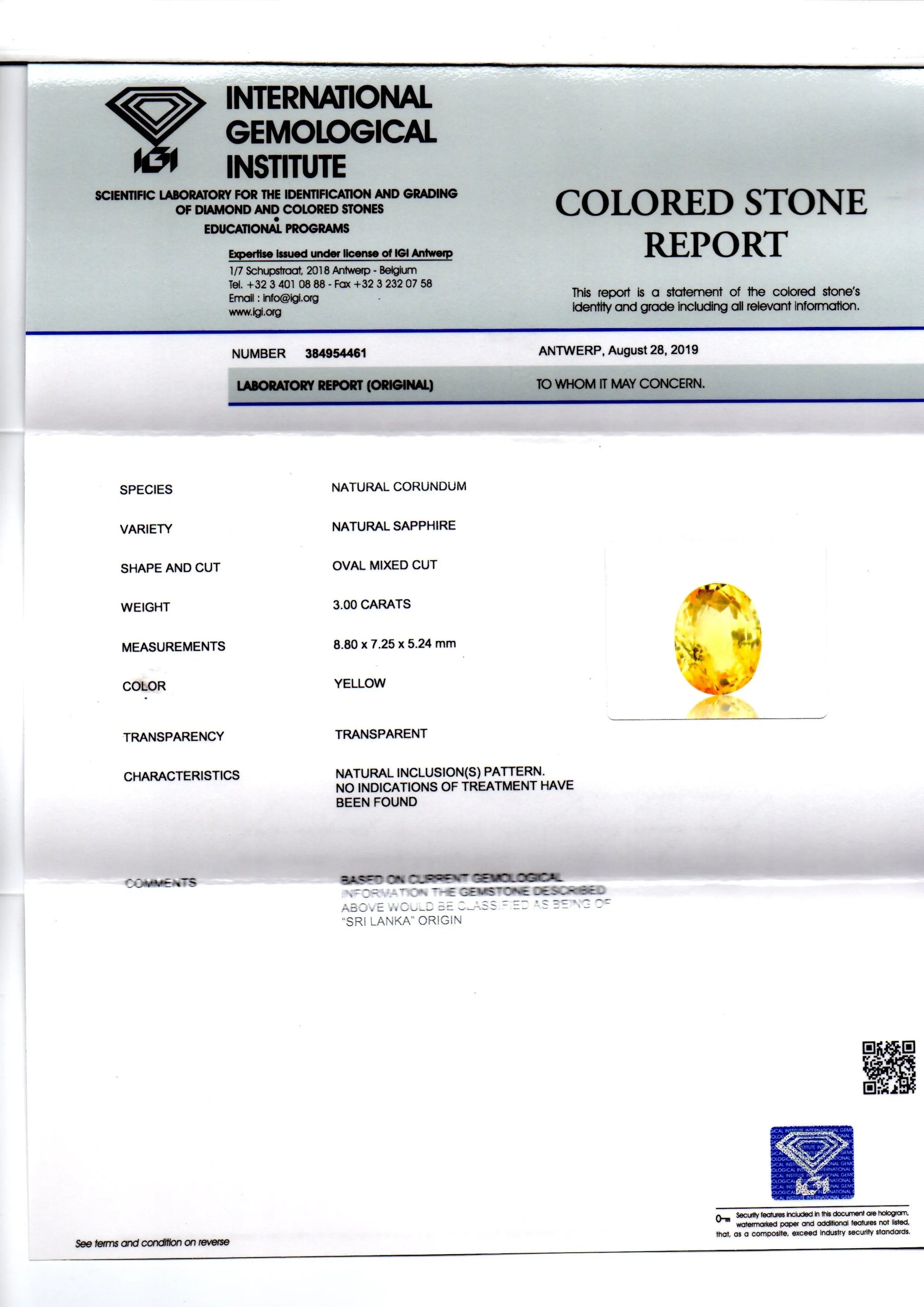 3.00 Ct IGI Certified Unheated Untreated Natural Ceylon Yellow Sapphire