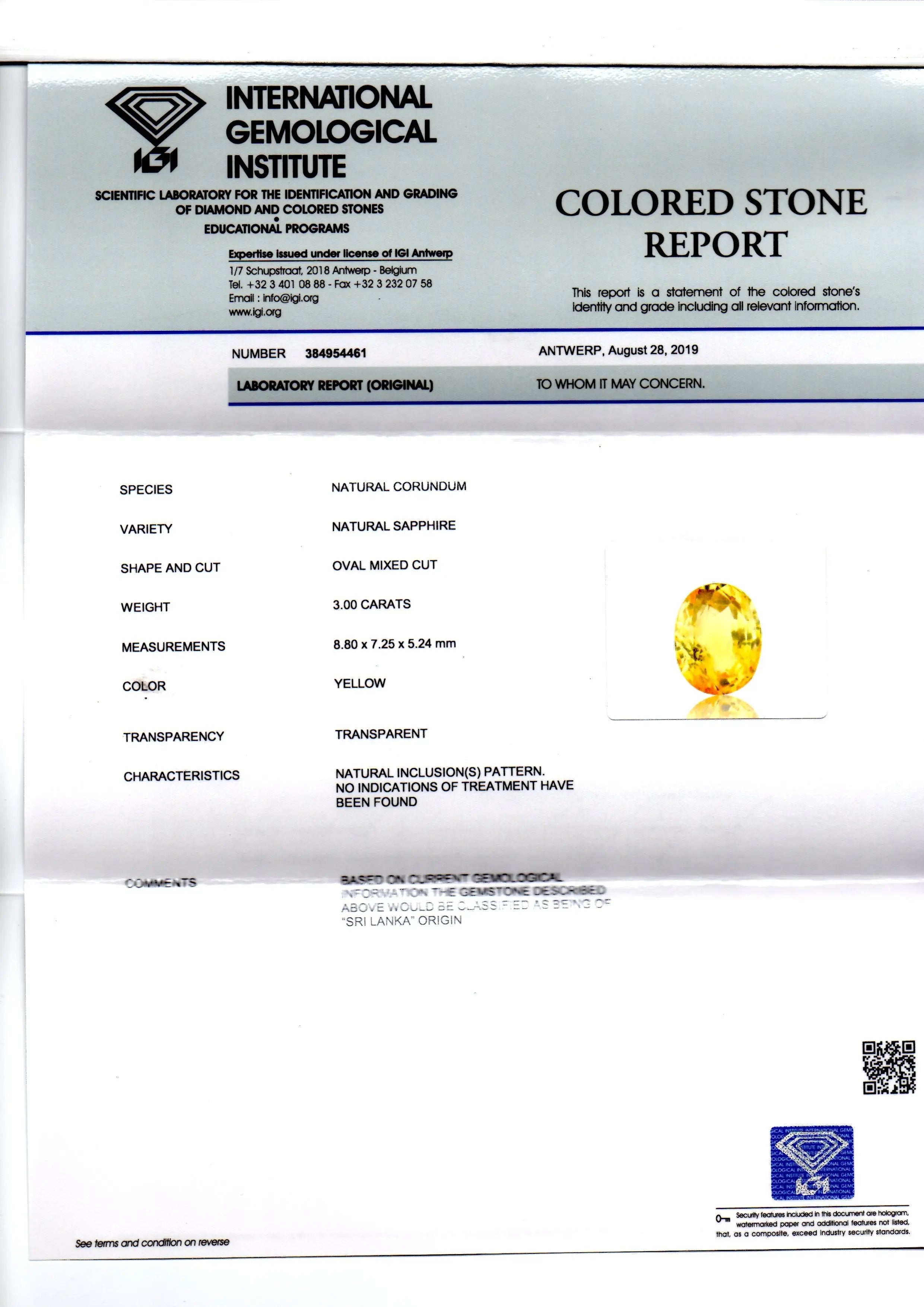 3.00 Ct IGI Certified Unheated Untreated Natural Ceylon Yellow Sapphire