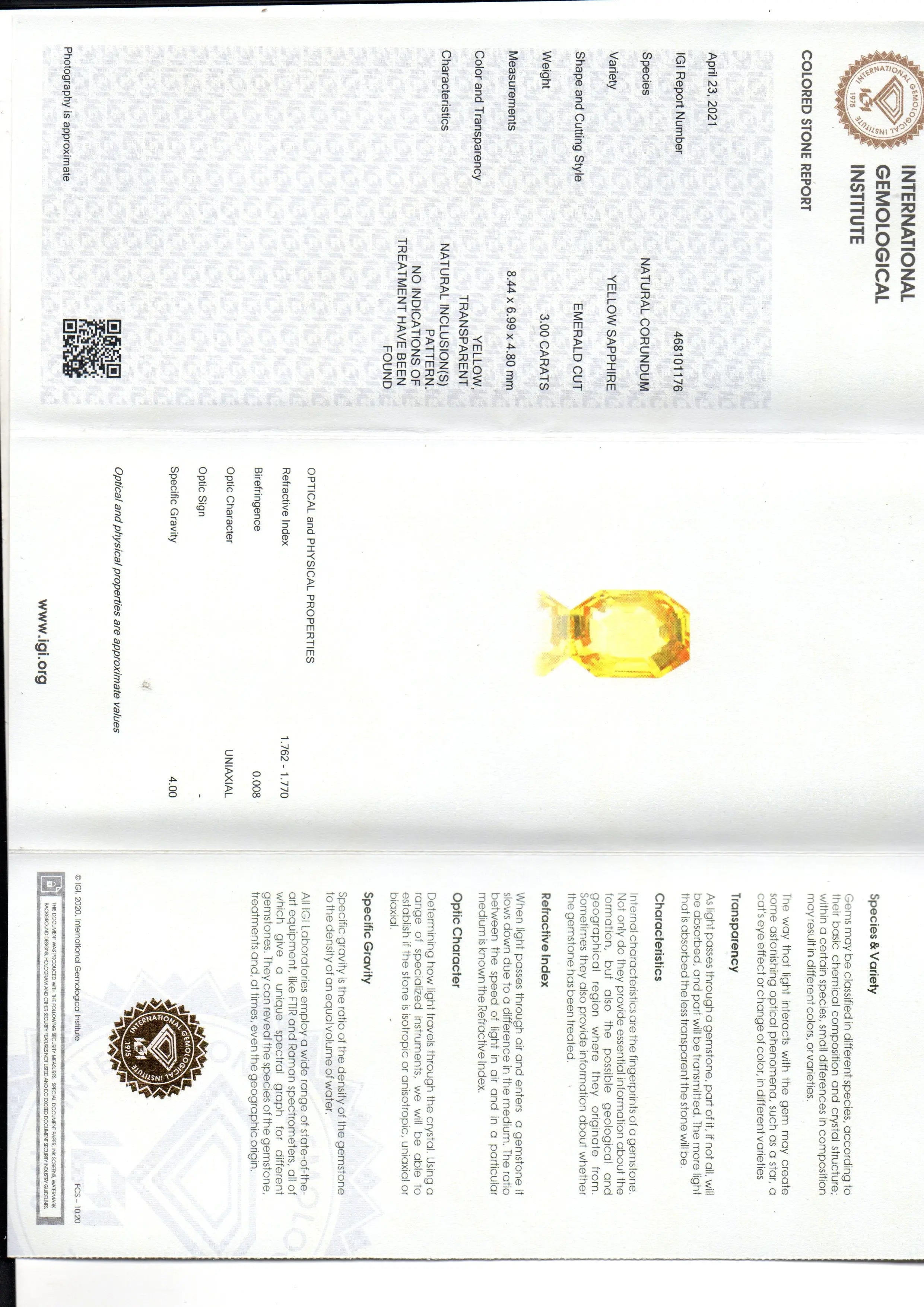 3.00 Ct IGI Certified Unheated Untreated Natural Ceylon Yellow Sapphire AAAAA