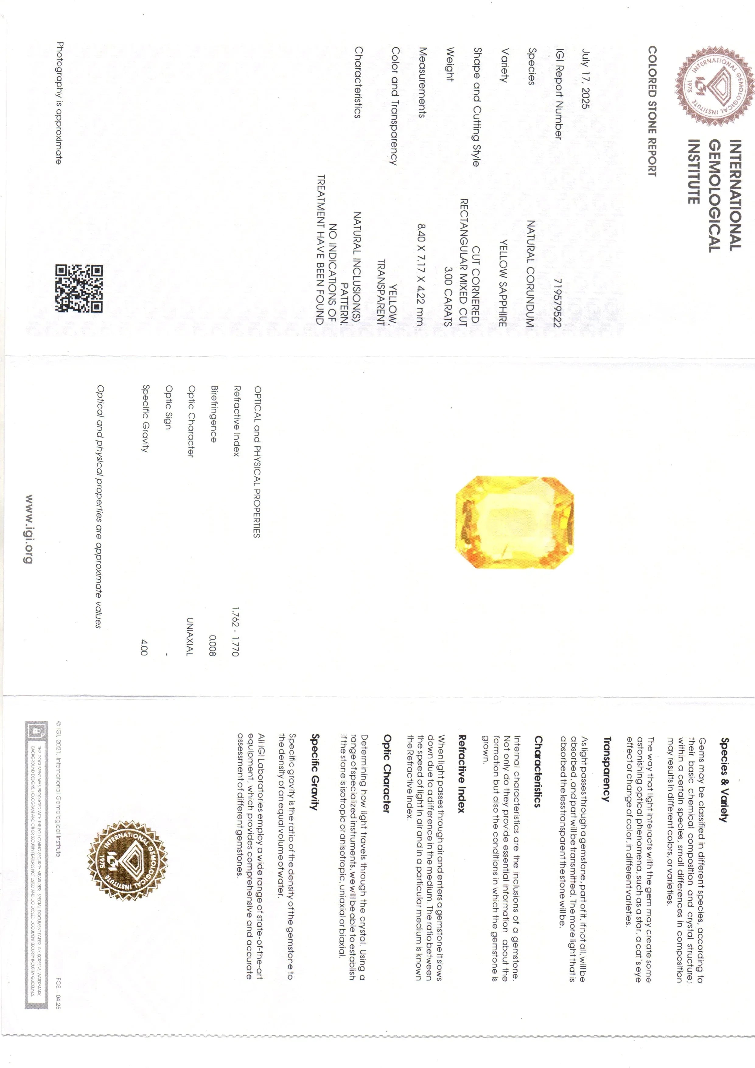 3.00 Ct IGI Certified Unheated Untreated Natural Ceylon Yellow Sapphire AAA - Venus Gems
