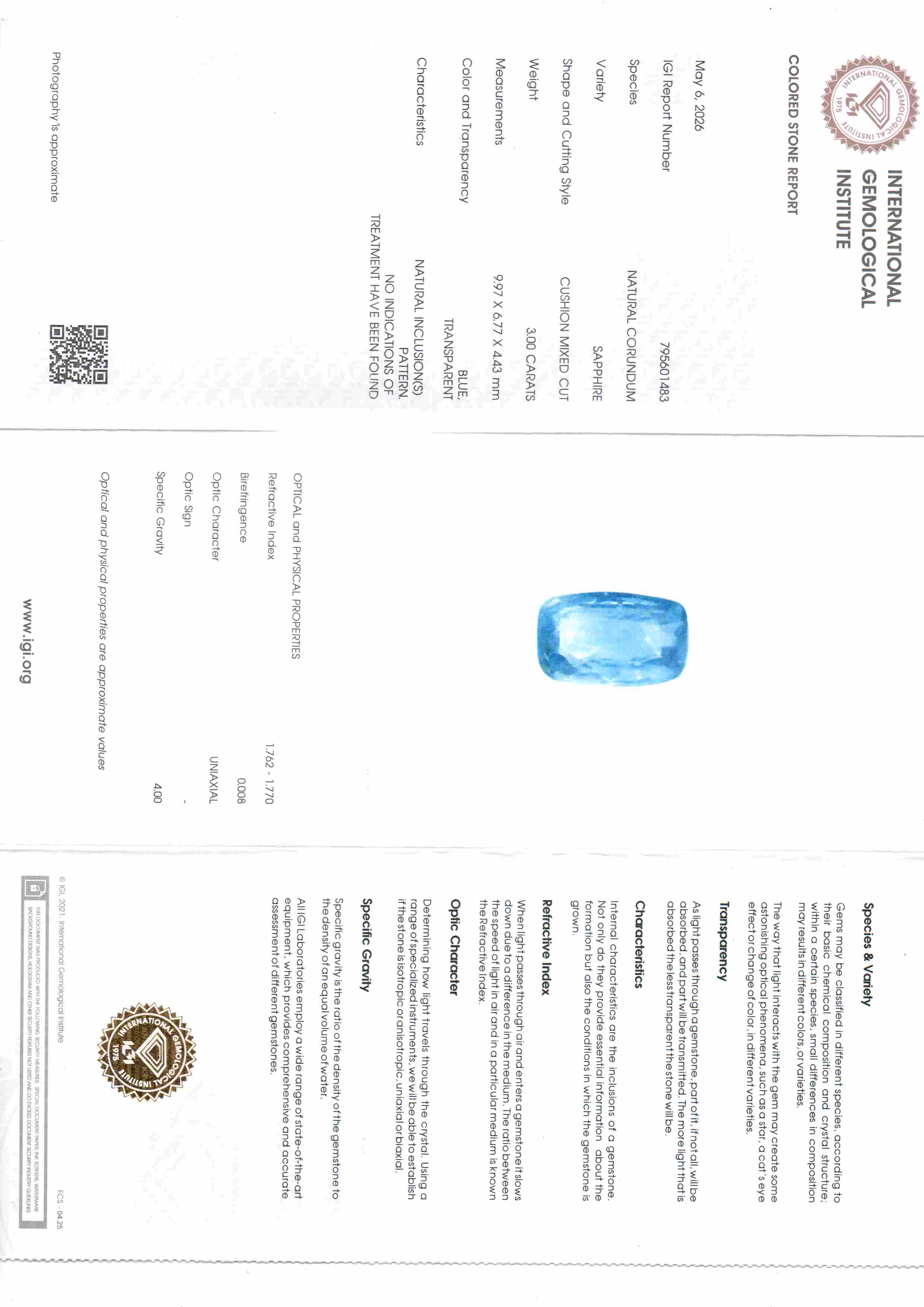 3.00 Ct 3.3 Ratti IGI Certified Unheated Untreated Natural Ceylon Blue Sapphire