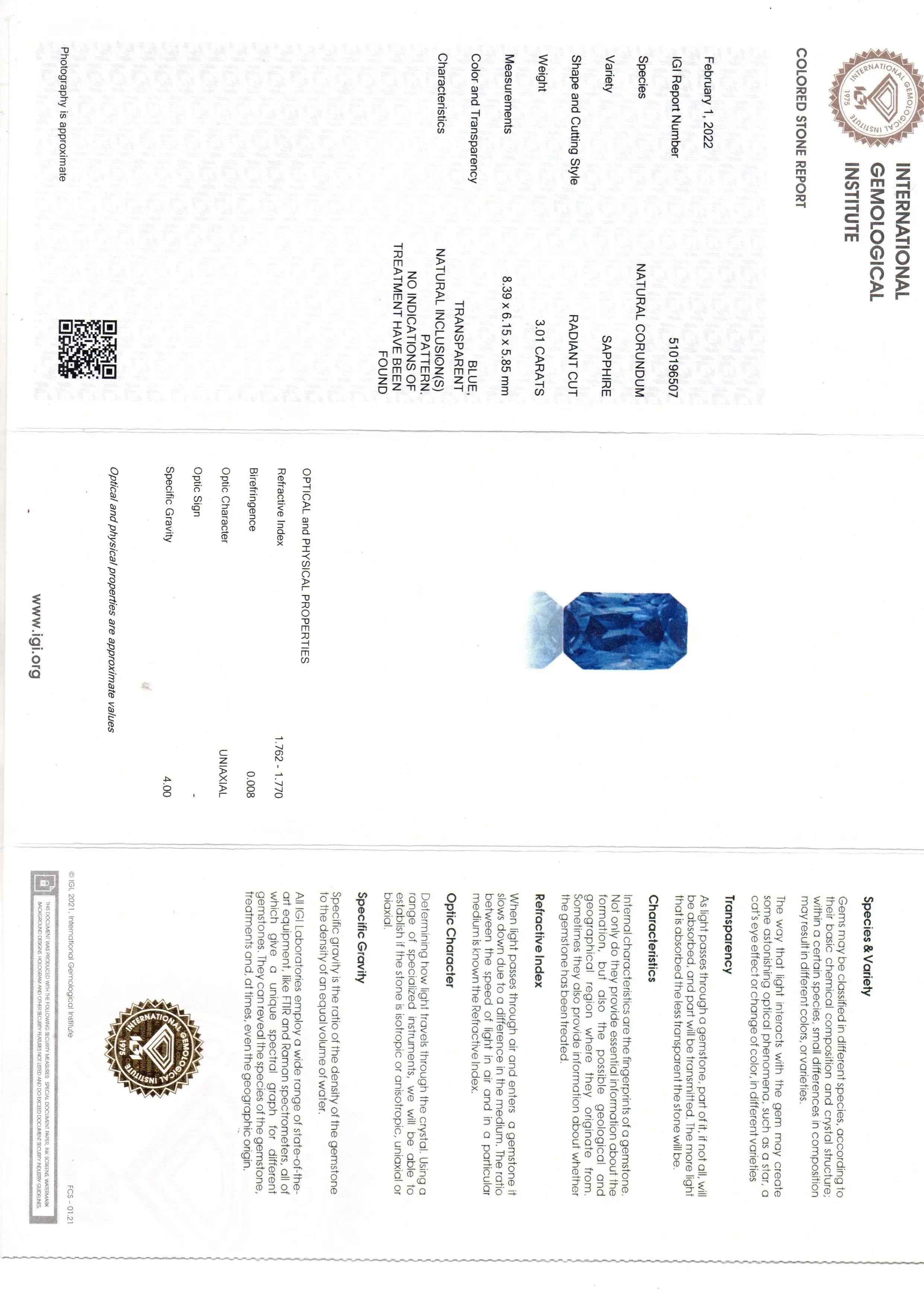 3.01 Ct IGI Certified Unheated Untreated Natural Ceylon Blue Sapphire AAA