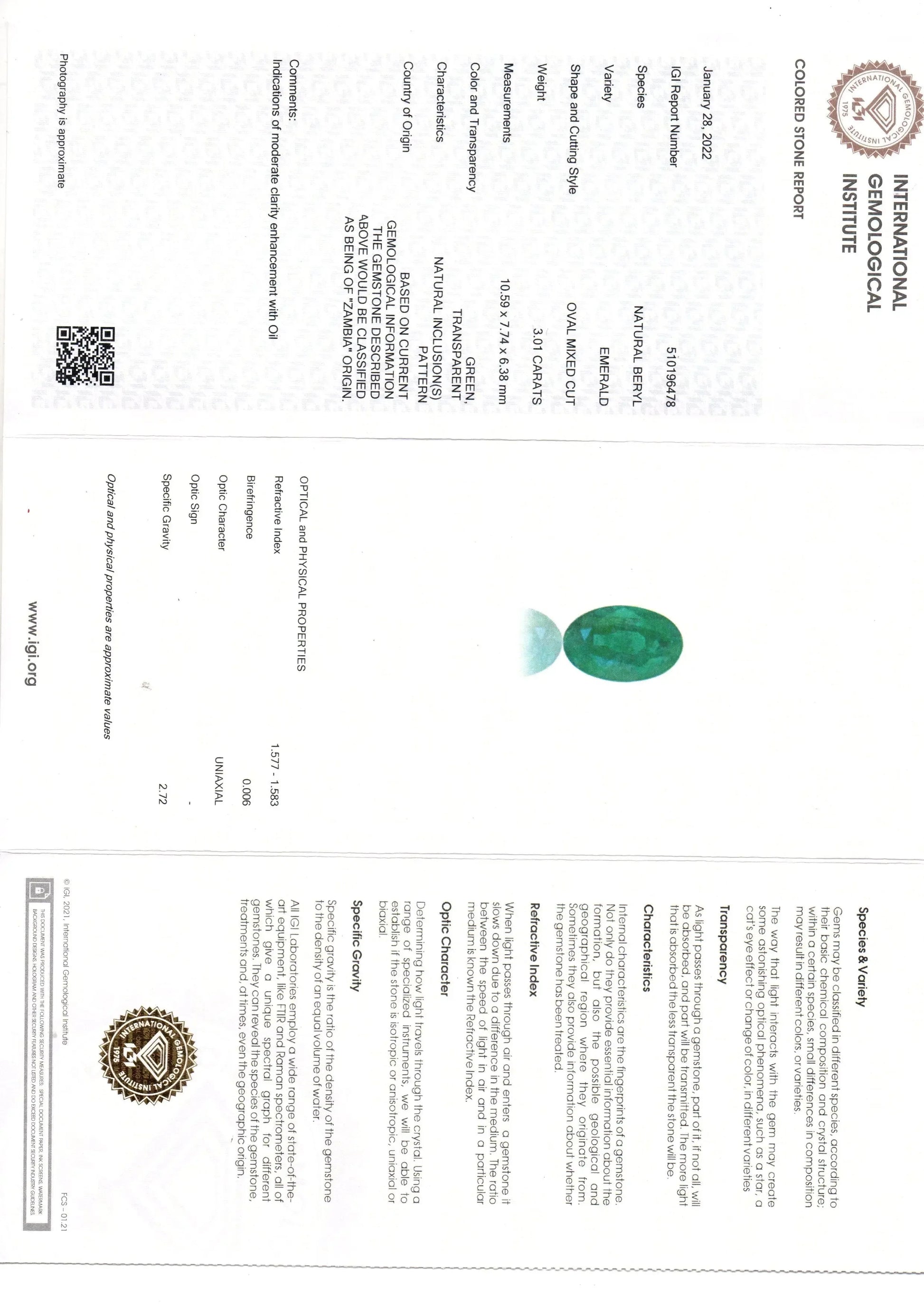 3.01 Ct IGI Certified Untreated Natural Zambian Emerald Gemstone - Venus Gems