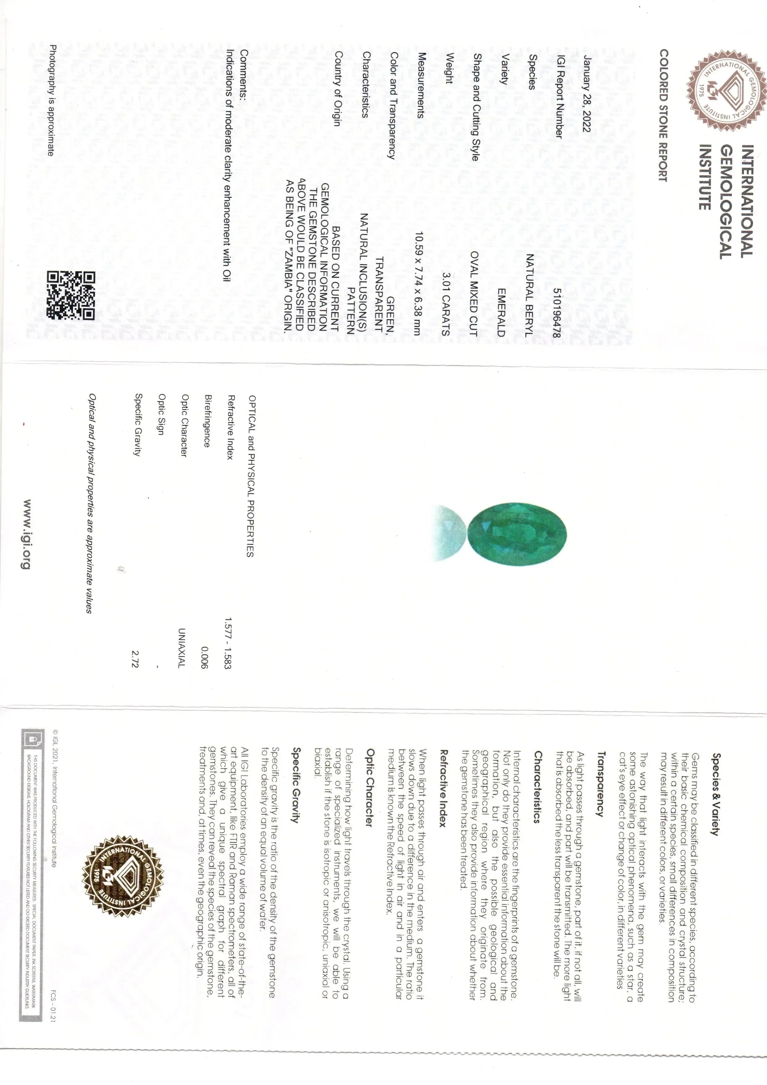 3.01 Ct IGI Certified Untreated Natural Zambian Emerald Gemstone - Venus Gems