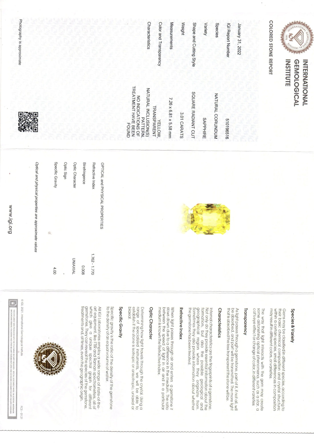 3.01 Ct IGI Certified Unheated Untreated Natural Ceylon Yellow Sapphire AAA
