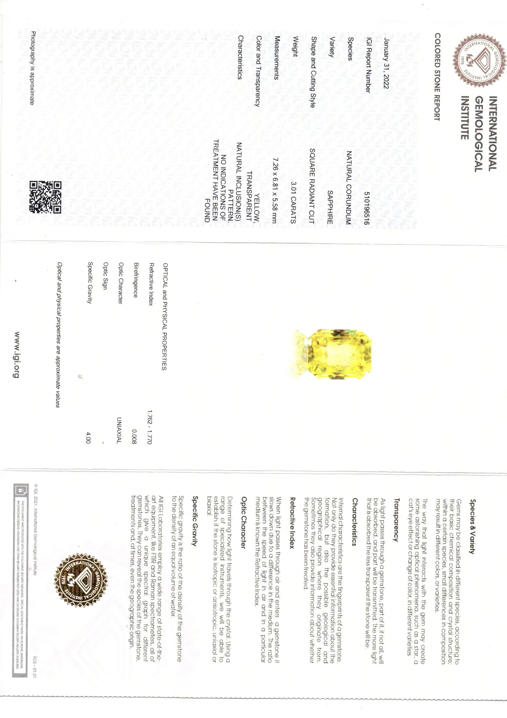 3.01 Ct IGI Certified Unheated Untreated Natural Ceylon Yellow Sapphire AAA