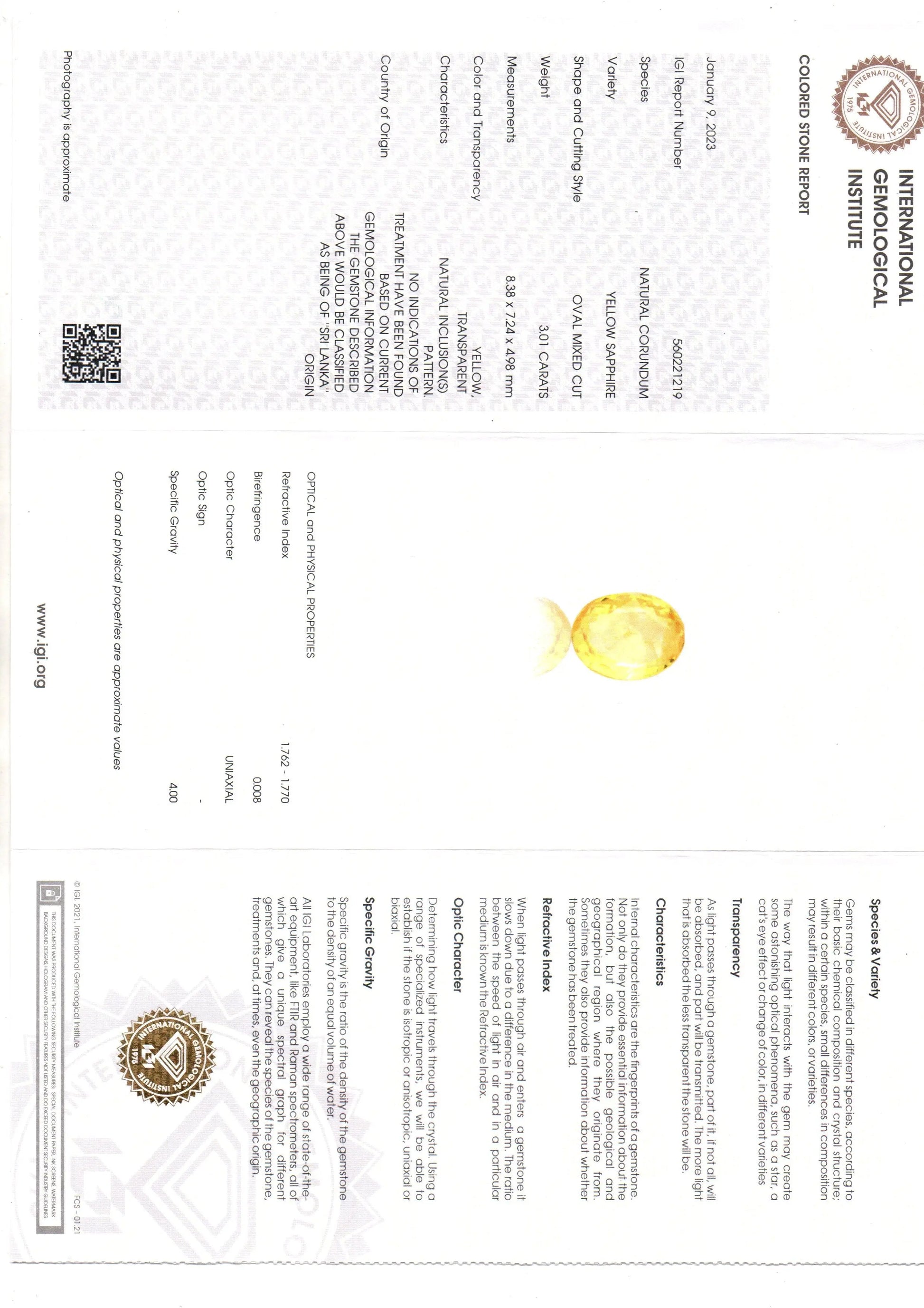 3.01 Ct IGI Certified Unheated Untreated Natural Ceylon Yellow Sapphire AAA