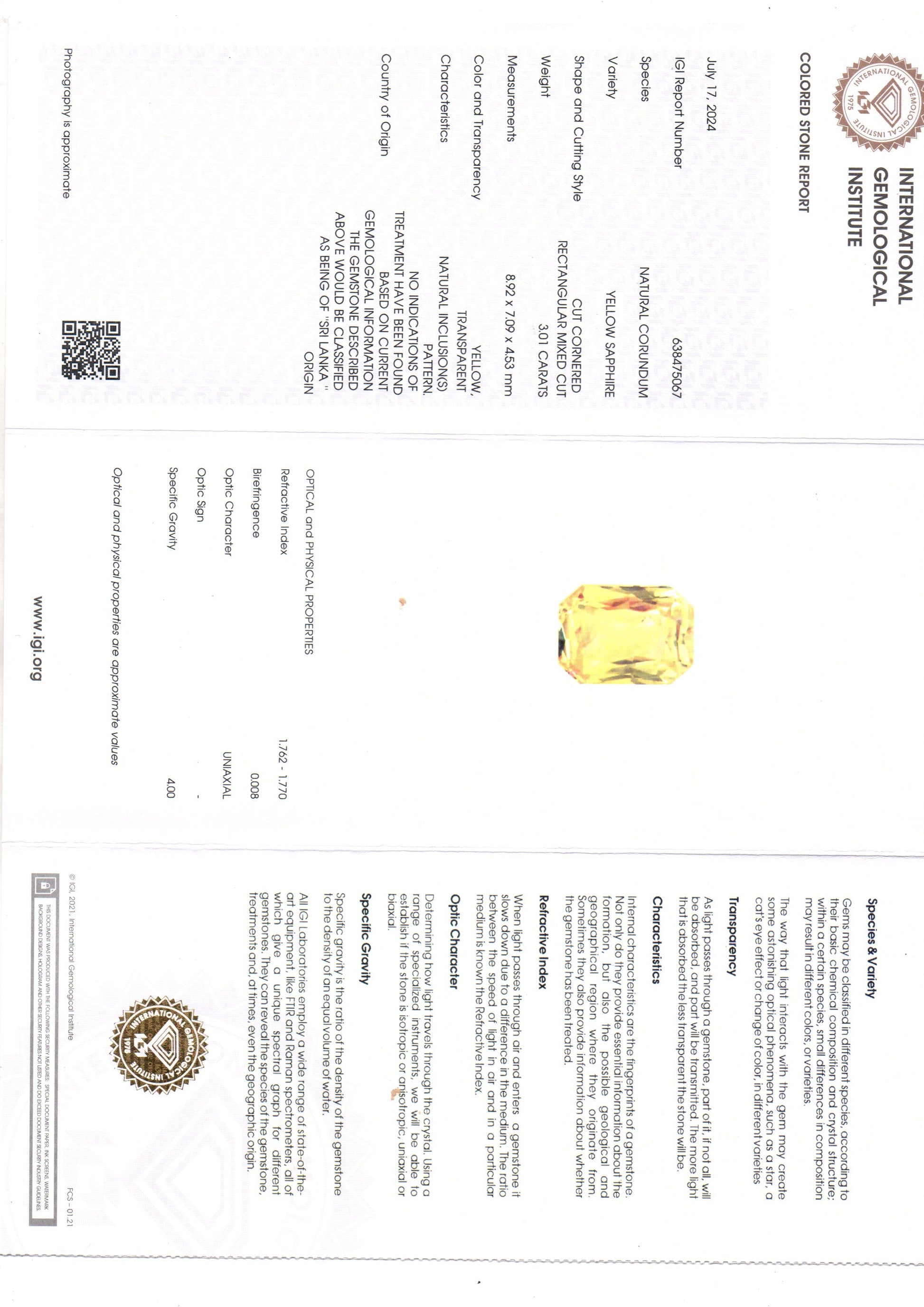 3.01 Ct IGI Certified Unheated Untreated Natural Ceylon Yellow Sapphire AAA