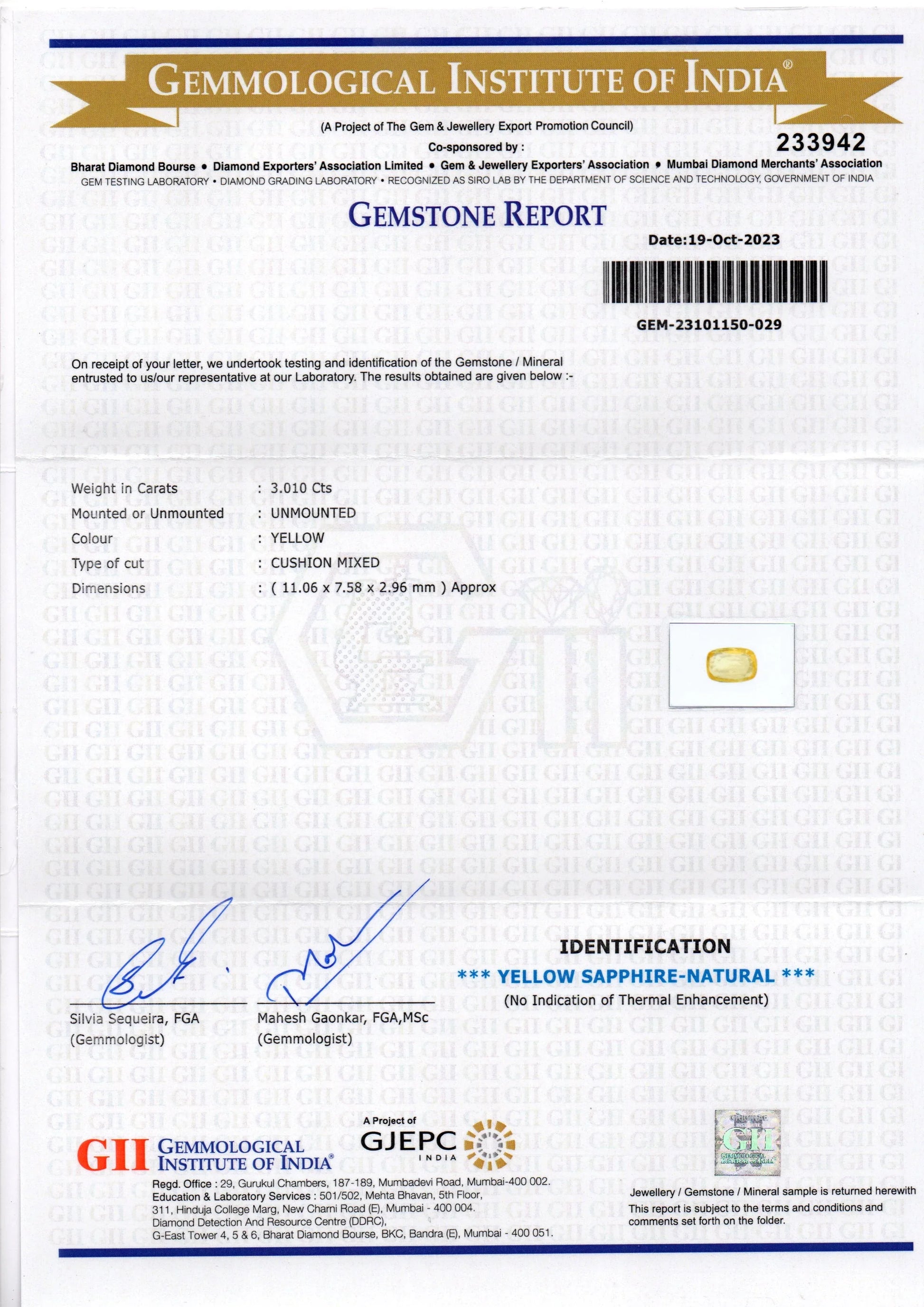 3.01 Ct GII Certified Unheated Untreated Natural Ceylon Yellow Sapphire - Venus Gems