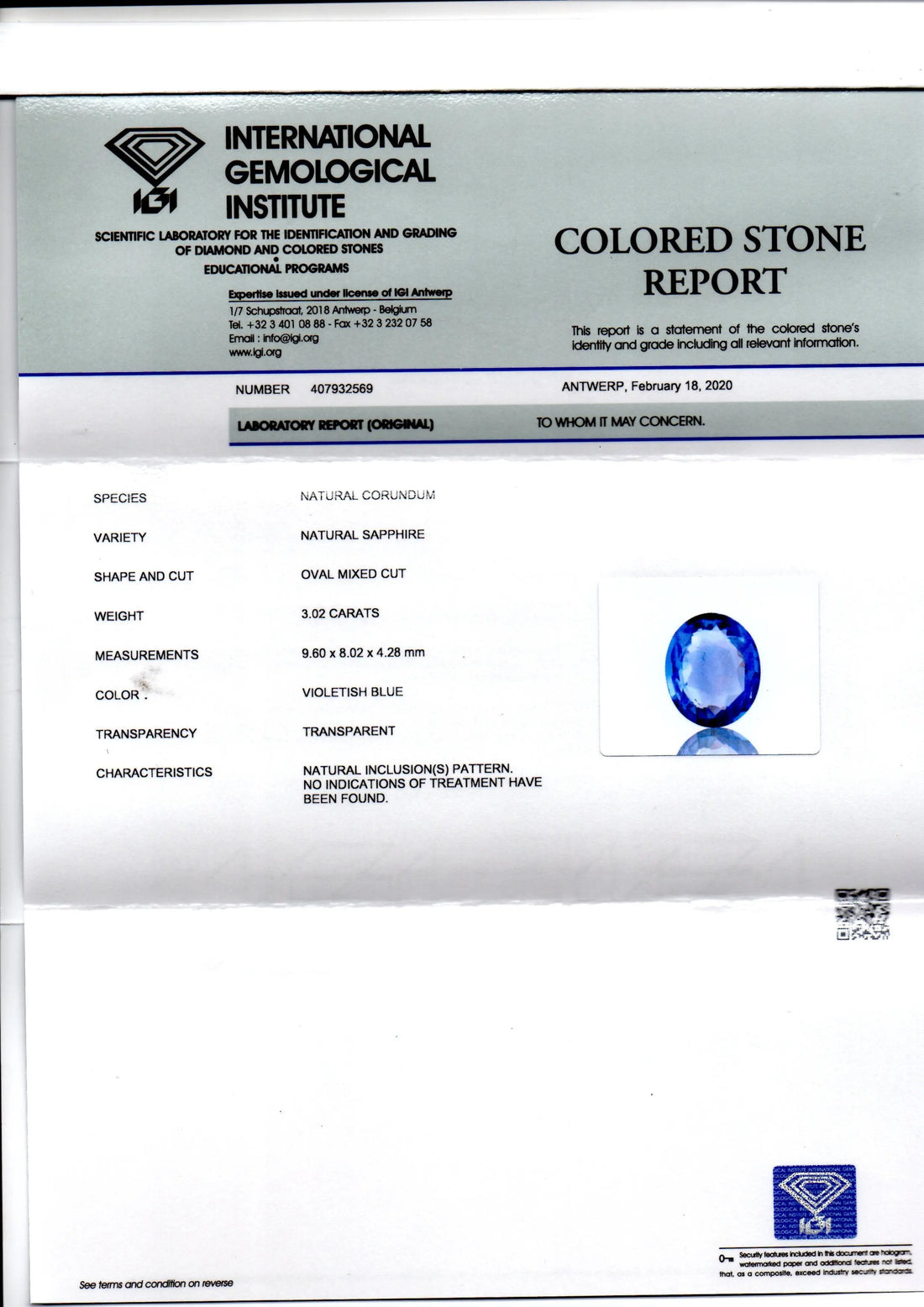 3.02 Ct IGI Certified Unheated Untreated Natural Ceylon Blue Sapphire AAA