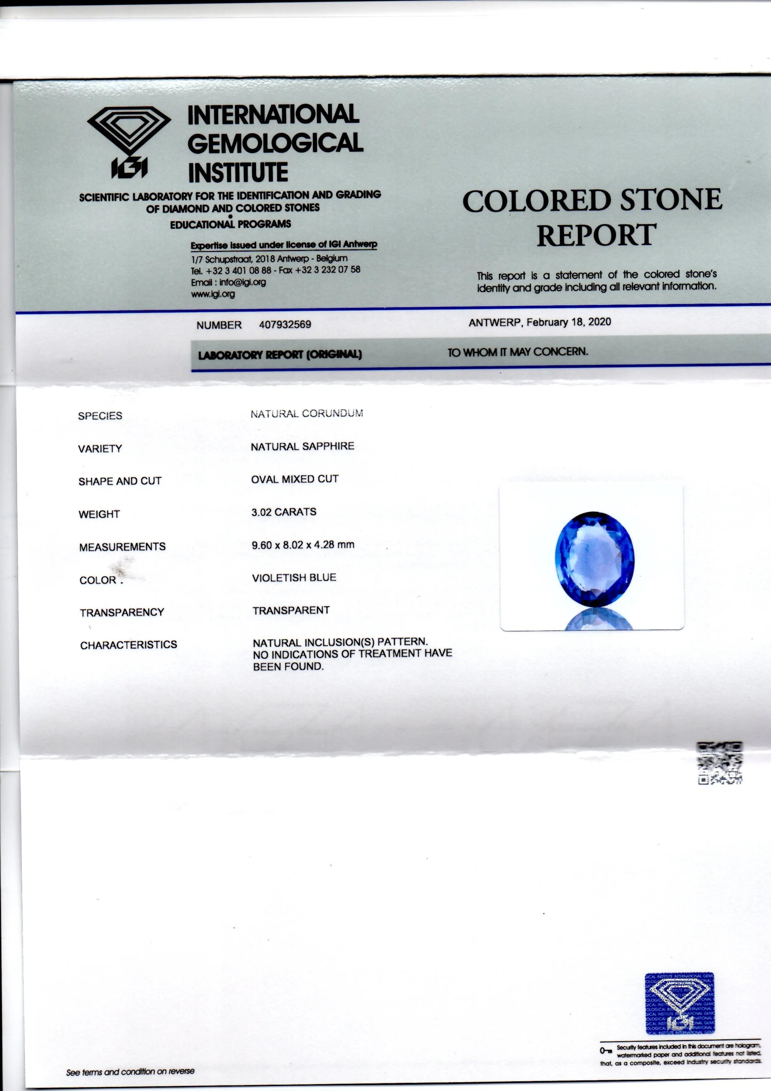 3.02 Ct IGI Certified Unheated Untreated Natural Ceylon Blue Sapphire AAA