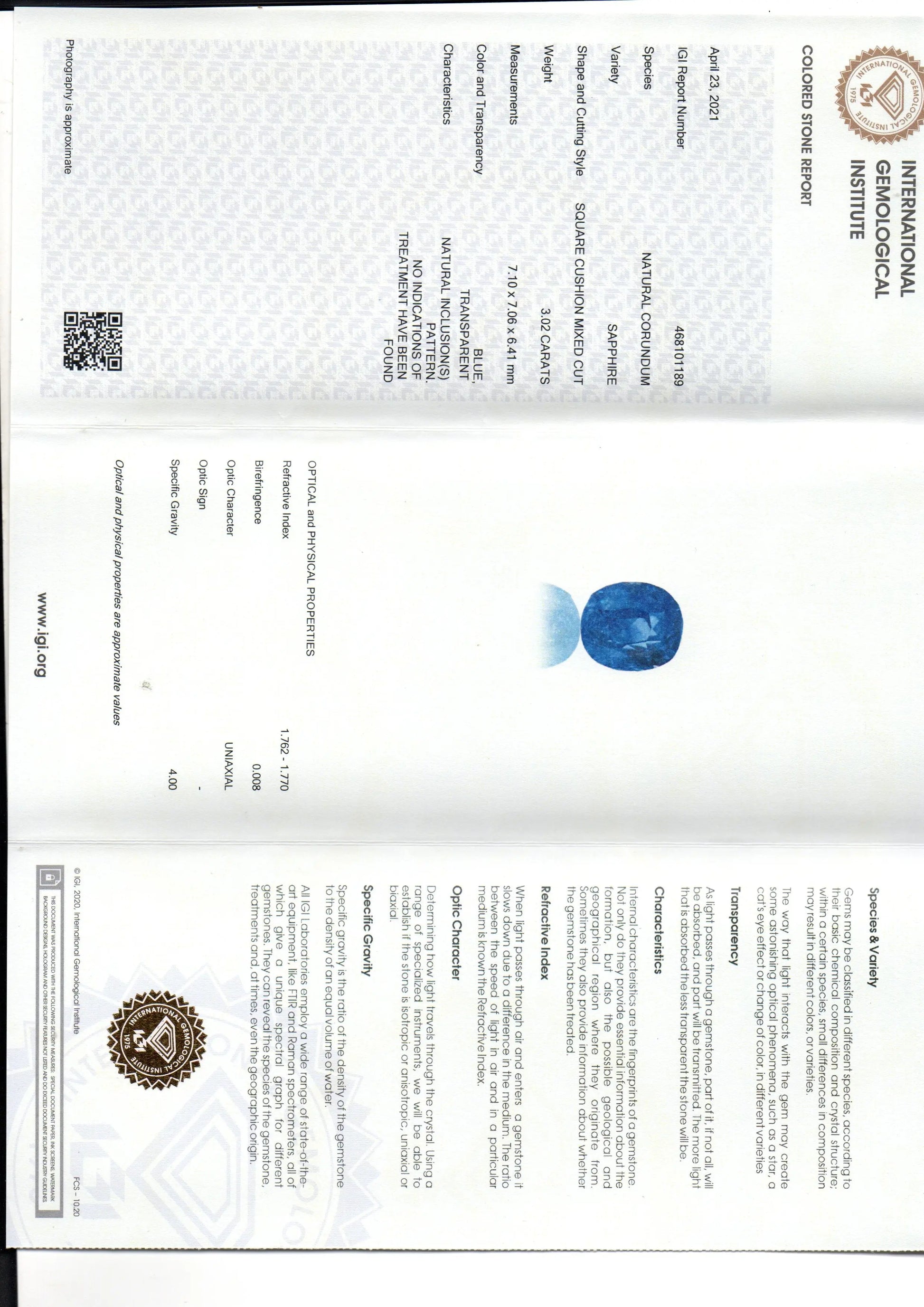 3.02 Ct IGI Certified Unheated Untreated Natural Ceylon Blue Sapphire AA