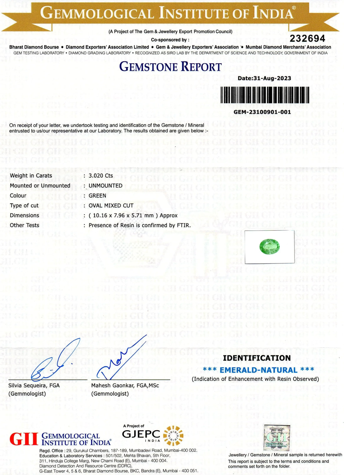 3.02 Ct GII Certified Untreated Natural Colombian Emerald Panna Gems - Venus Gems