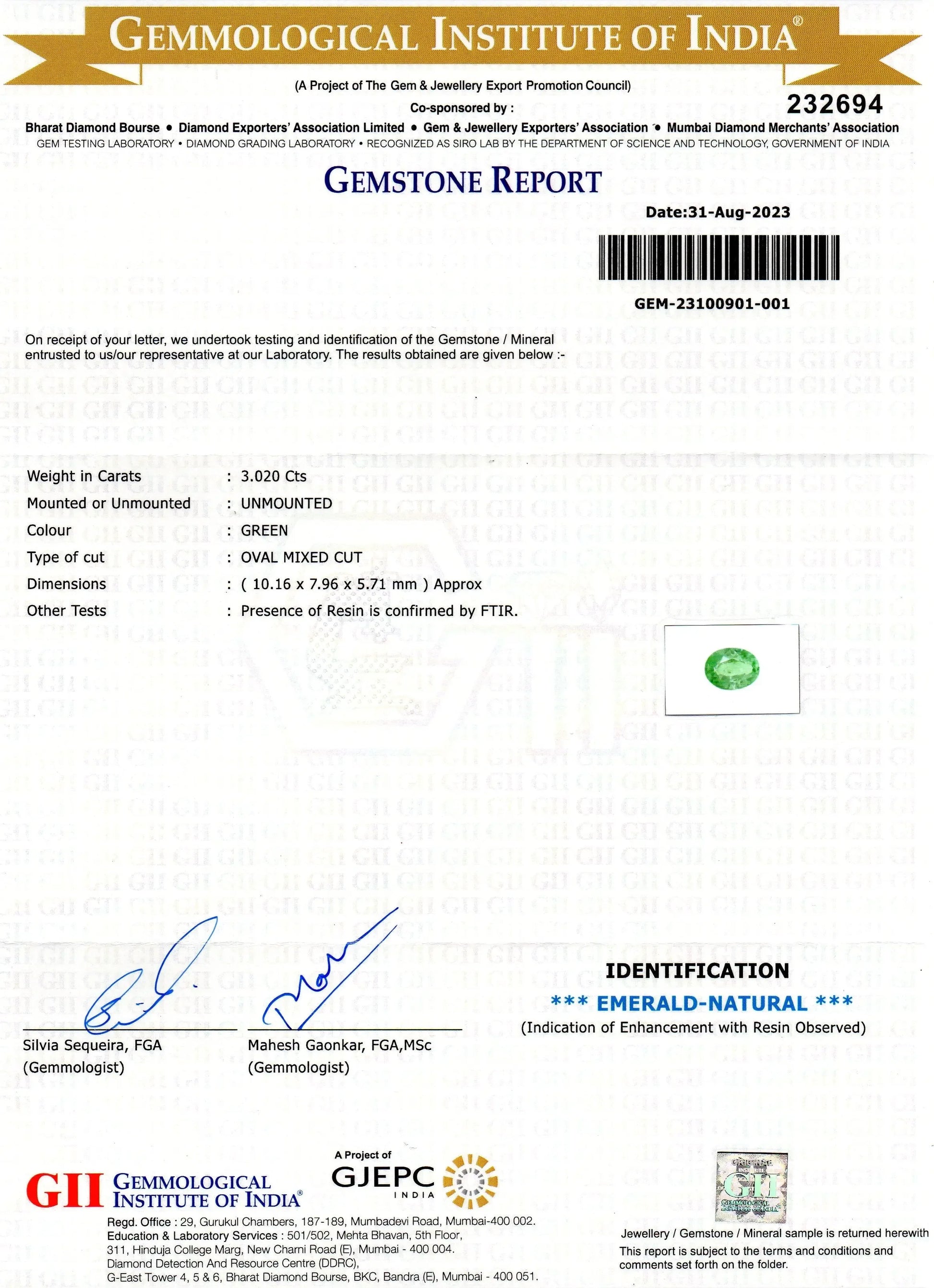 3.02 Ct GII Certified Untreated Natural Colombian Emerald Panna Gems - Venus Gems