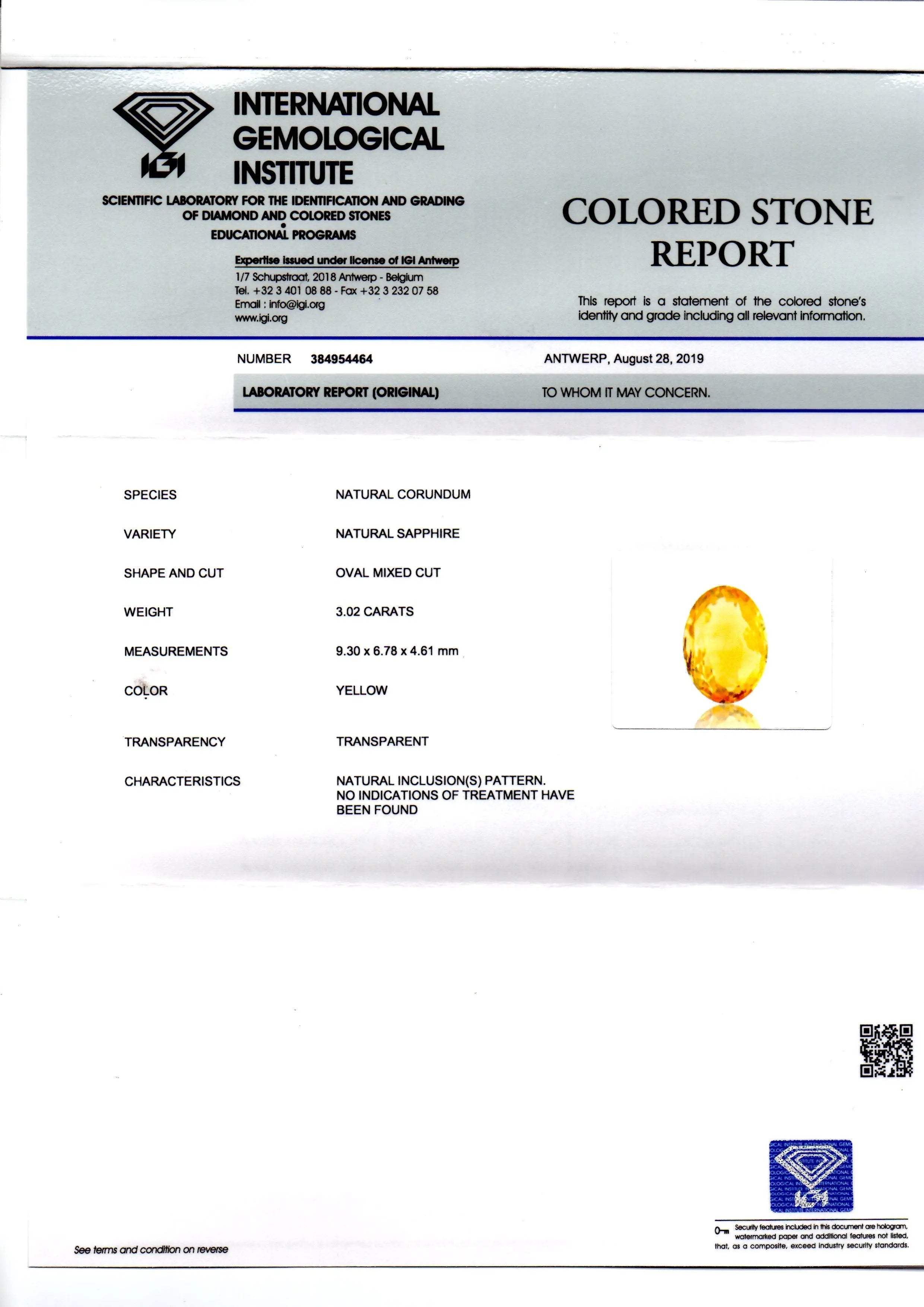 3.02 Ct IGI Certified Unheated Untreated Natural Ceylon Yellow Sapphire