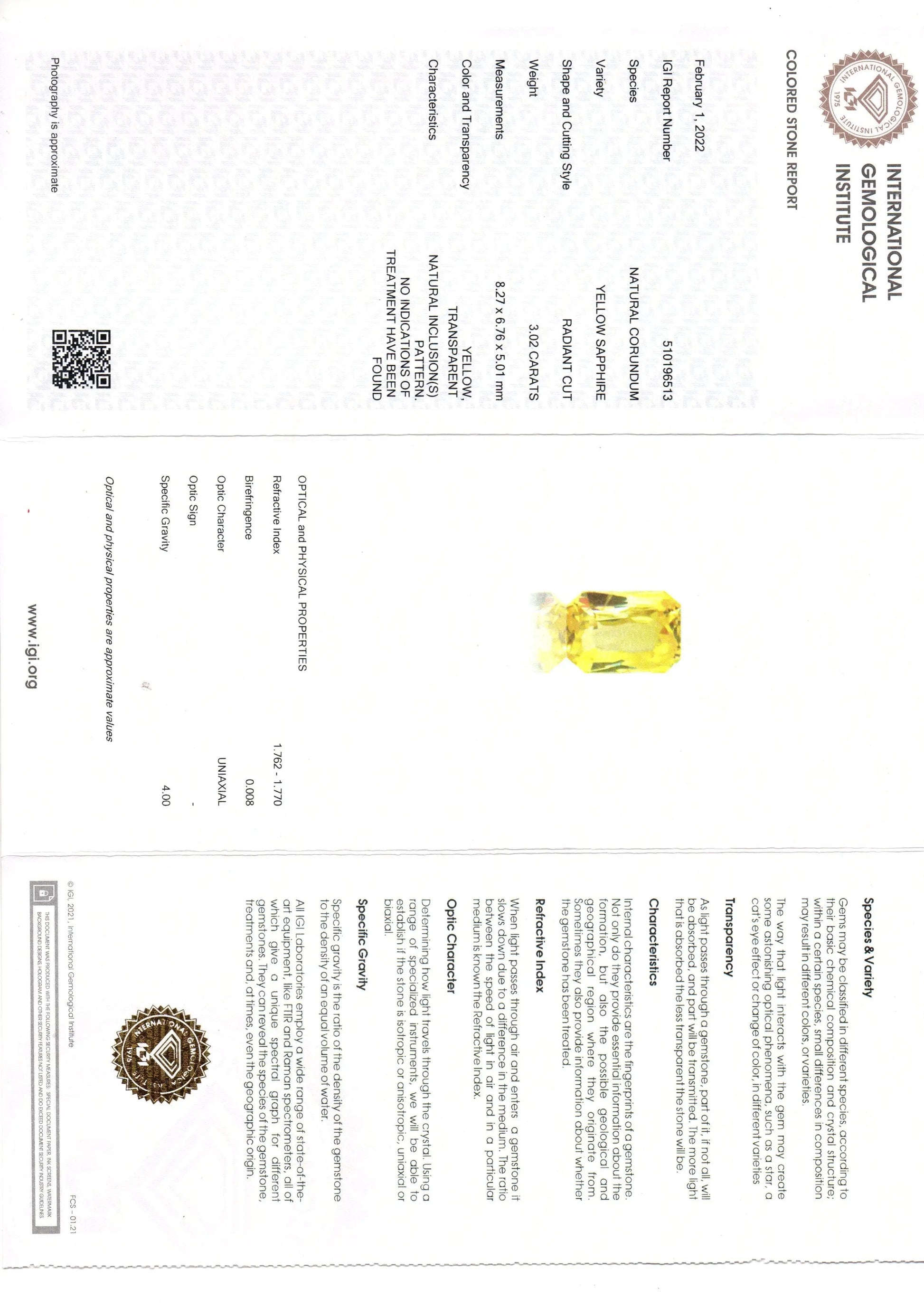 3.02 Ct IGI Certified Unheated Untreated Natural Ceylon Yellow Sapphire AAA