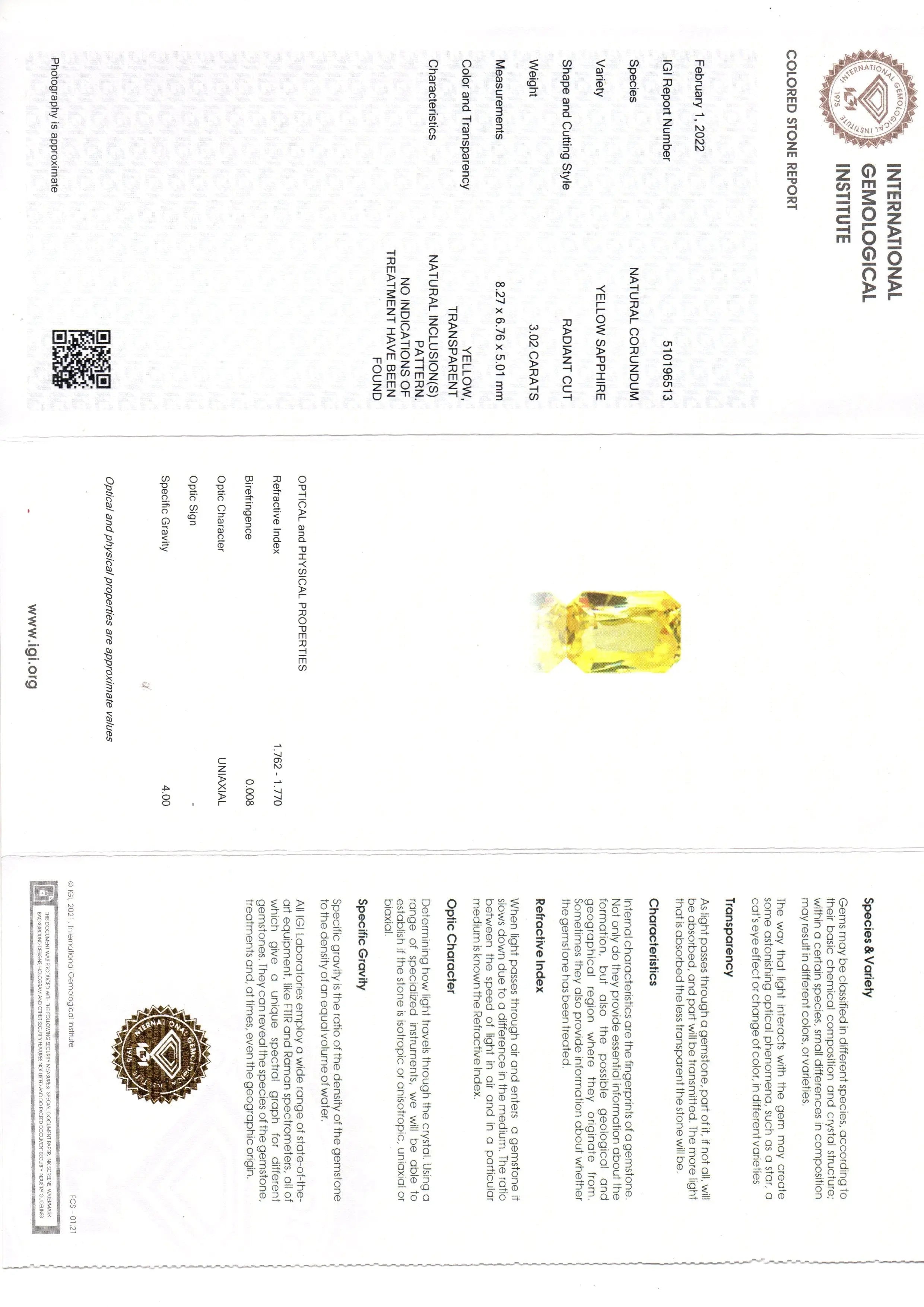 3.02 Ct IGI Certified Unheated Untreated Natural Ceylon Yellow Sapphire AAA