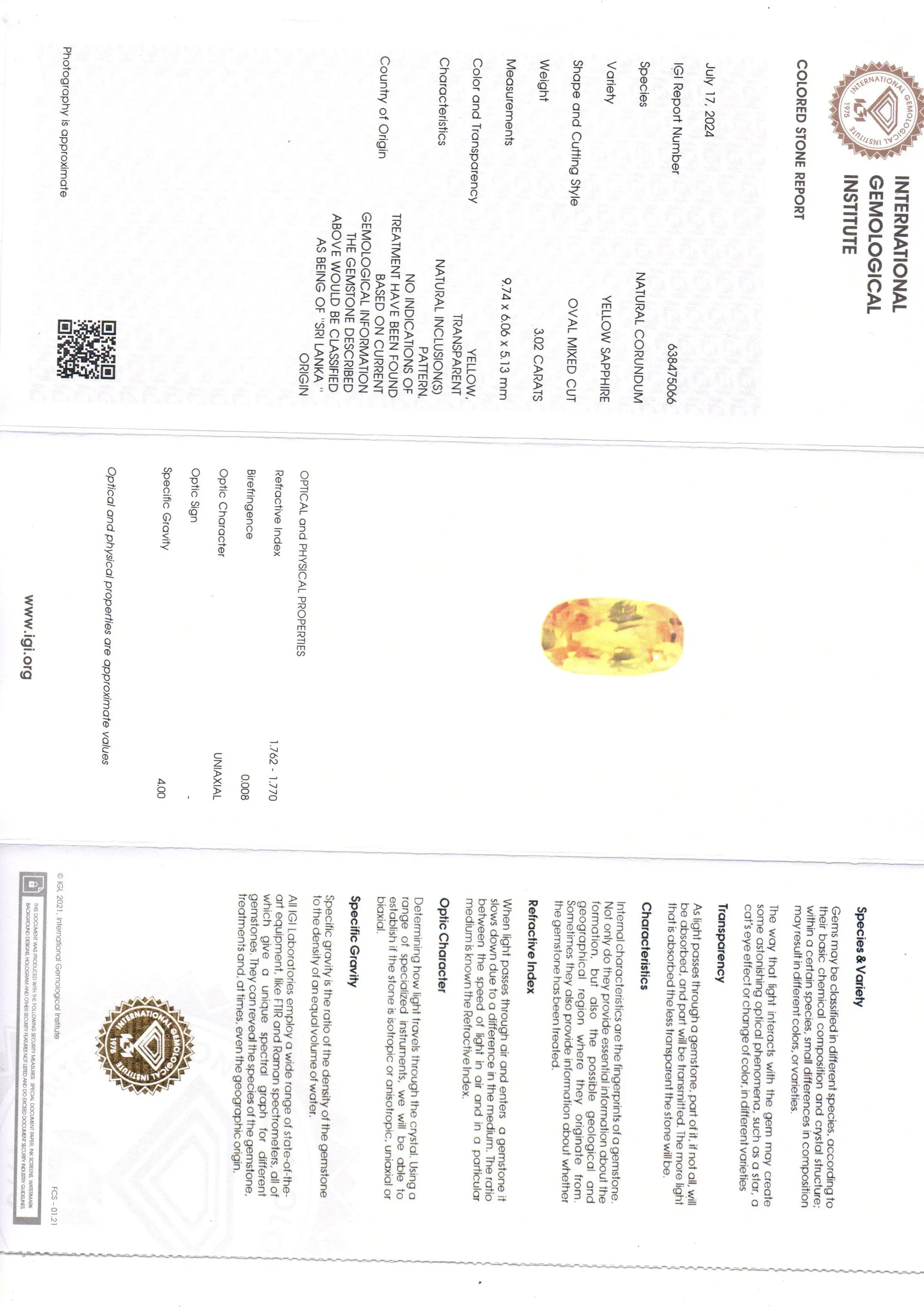 3.02 Ct IGI Certified Unheated Untreated Natural Ceylon Yellow Sapphire AAA - Venus Gems