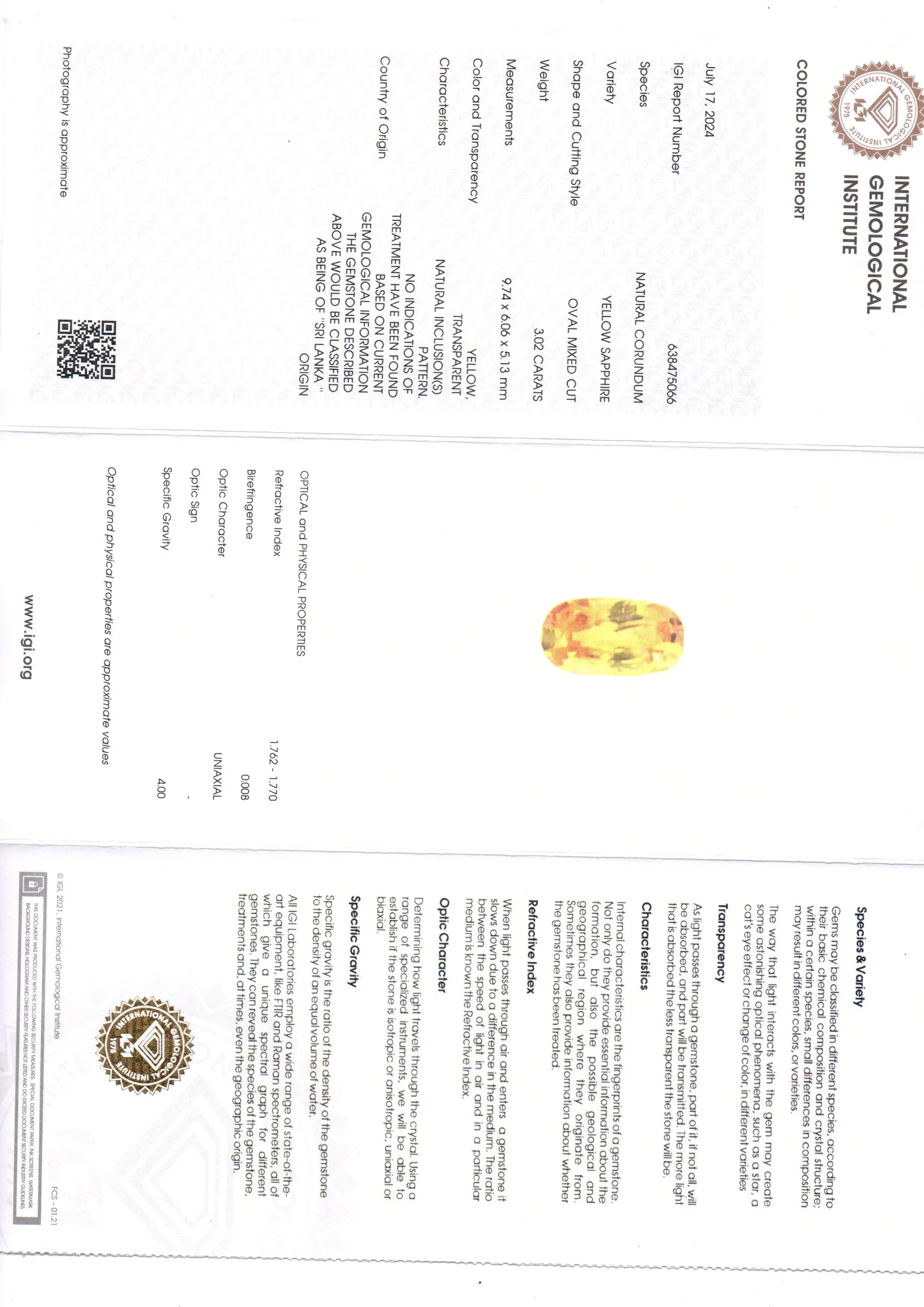 3.02 Ct IGI Certified Unheated Untreated Natural Ceylon Yellow Sapphire AAA - Venus Gems