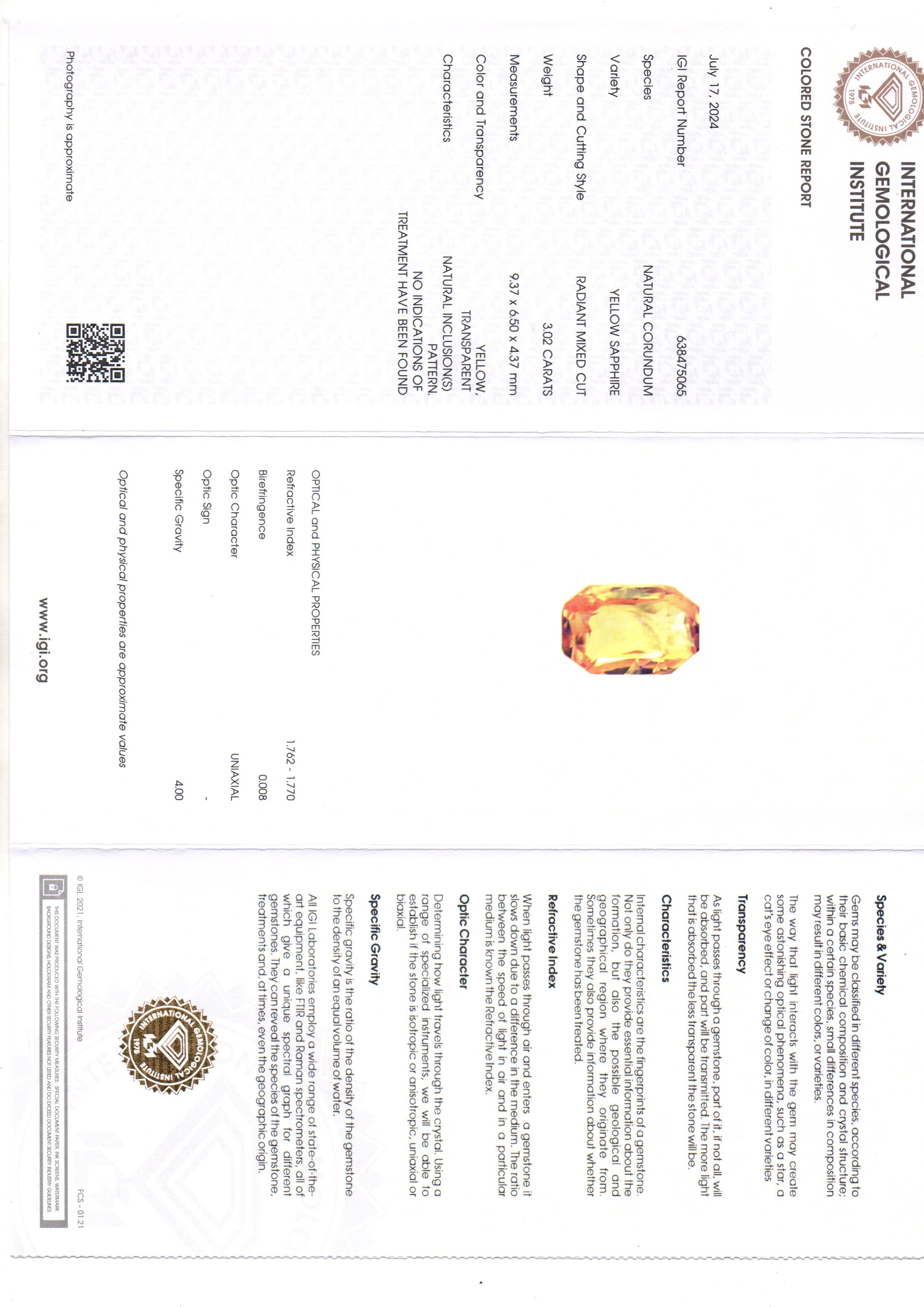 3.02 Ct IGI Certified Unheated Untreated Natural Ceylon Yellow Sapphire AAAAA