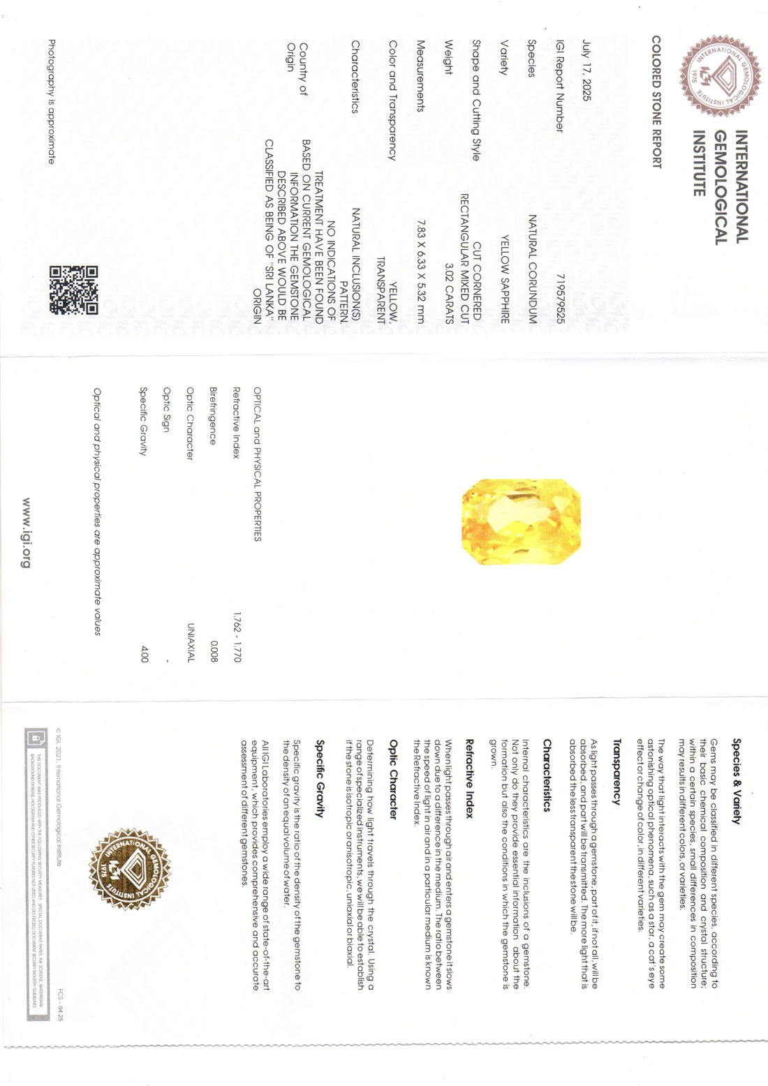 3.02 Ct IGI Certified Unheated Untreated Natural Ceylon Yellow Sapphire AAA - Venus Gems