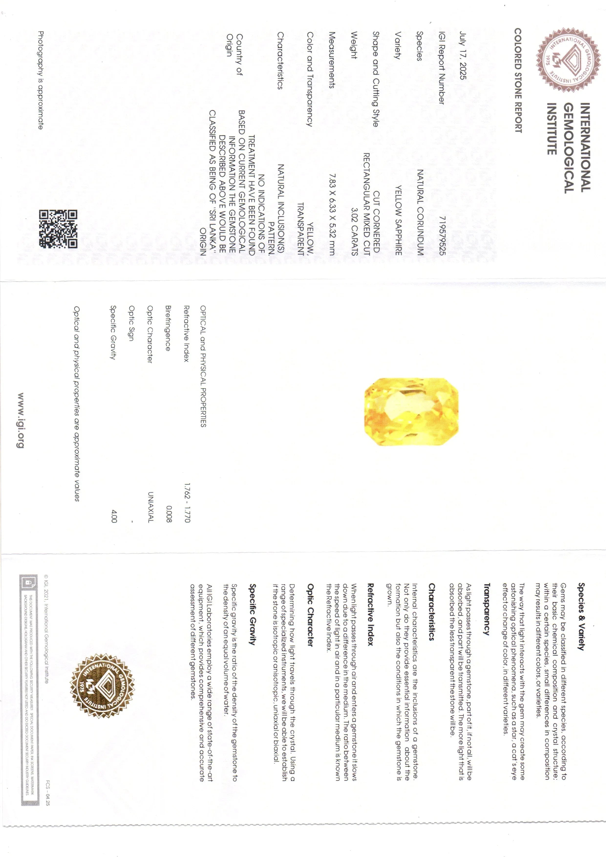 3.02 Ct IGI Certified Unheated Untreated Natural Ceylon Yellow Sapphire AAA - Venus Gems