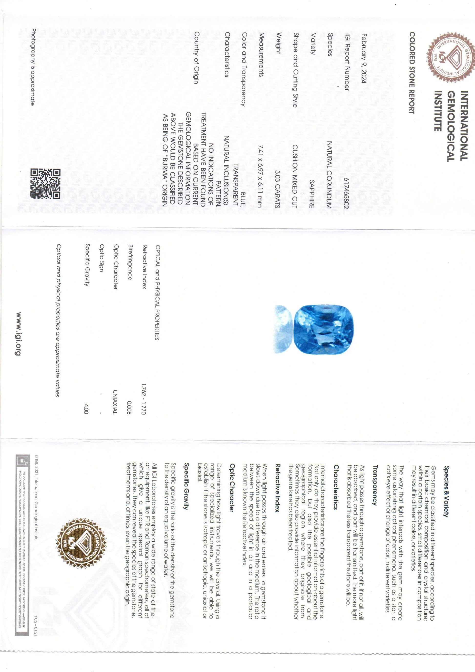 3.03 Ct IGI Certified Unheated Untreated Natural Burma Blue Sapphire - Venus Gems