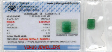 3.03 Ct Certified Untreated Natural Zambian Emerald Panna Gemstone