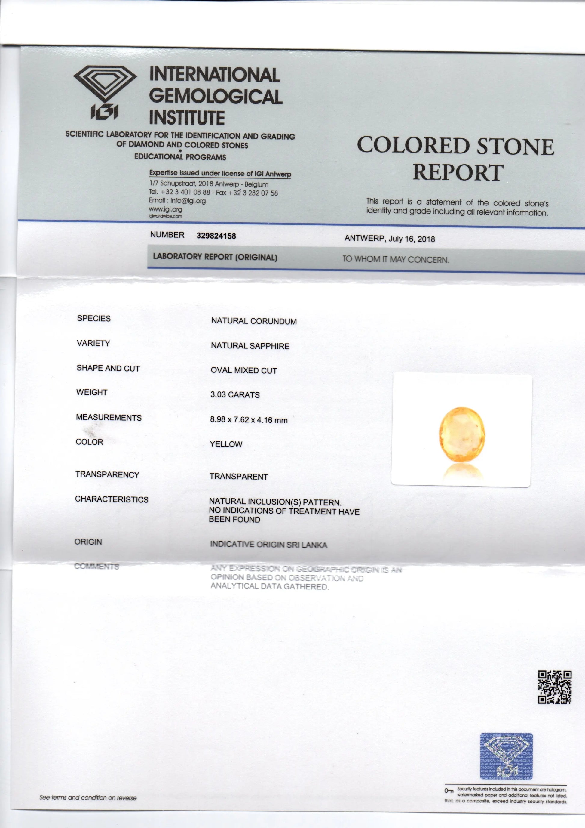 3.03 Ct IGI Certified Unheated Untreated Natural Yellow Sapphire Pukhraj