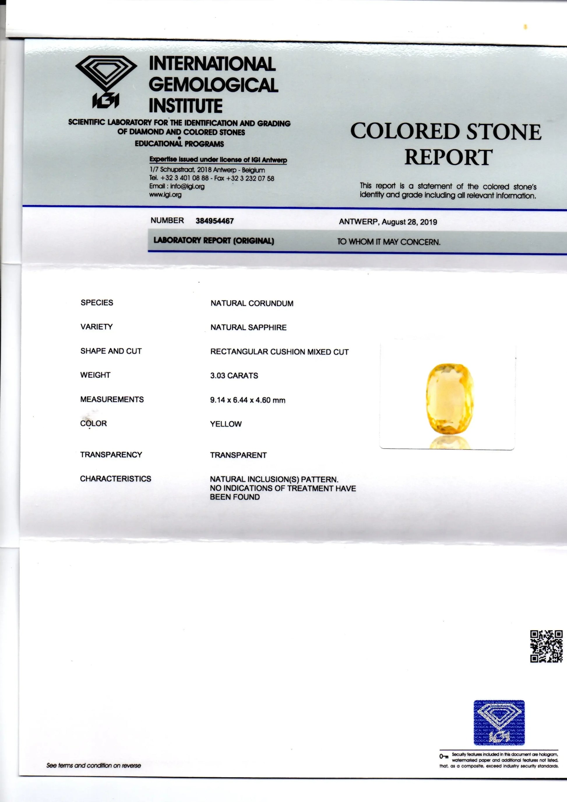 3.03 Ct IGI Certified Unheated Untreated Natural Ceylon Yellow Sapphire - Venus Gems
