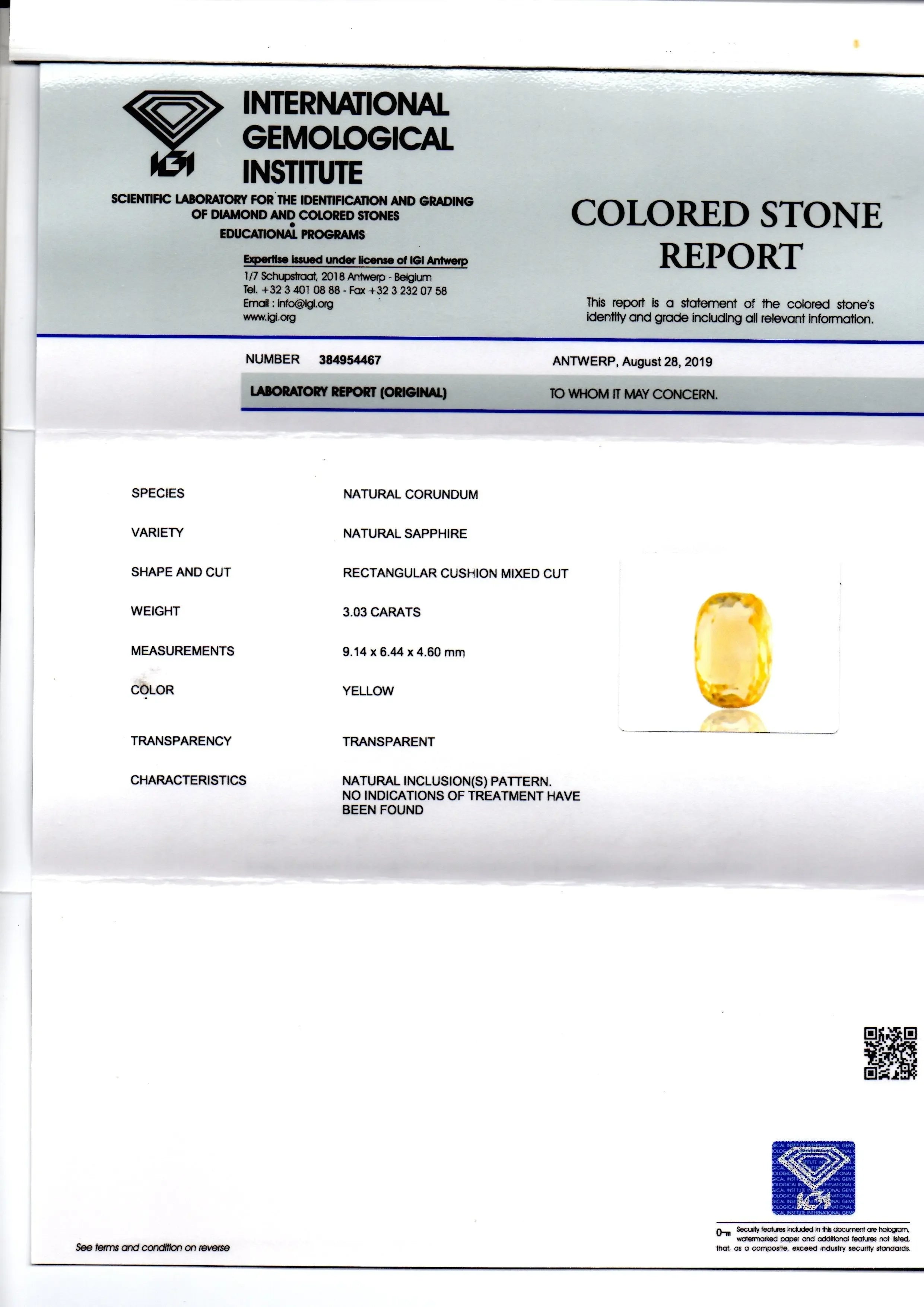 3.03 Ct IGI Certified Unheated Untreated Natural Ceylon Yellow Sapphire - Venus Gems
