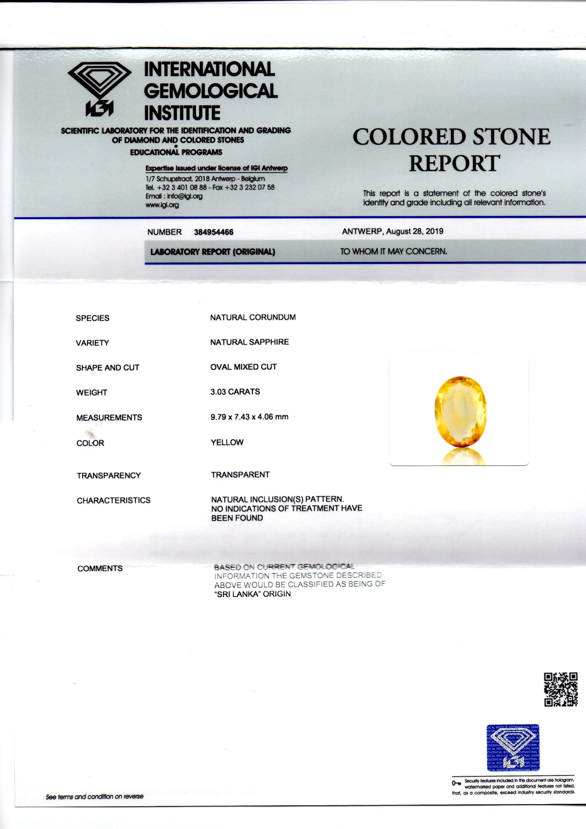 3.03 Ct IGI Certified Unheated Untreated Natural Ceylon Yellow Sapphire