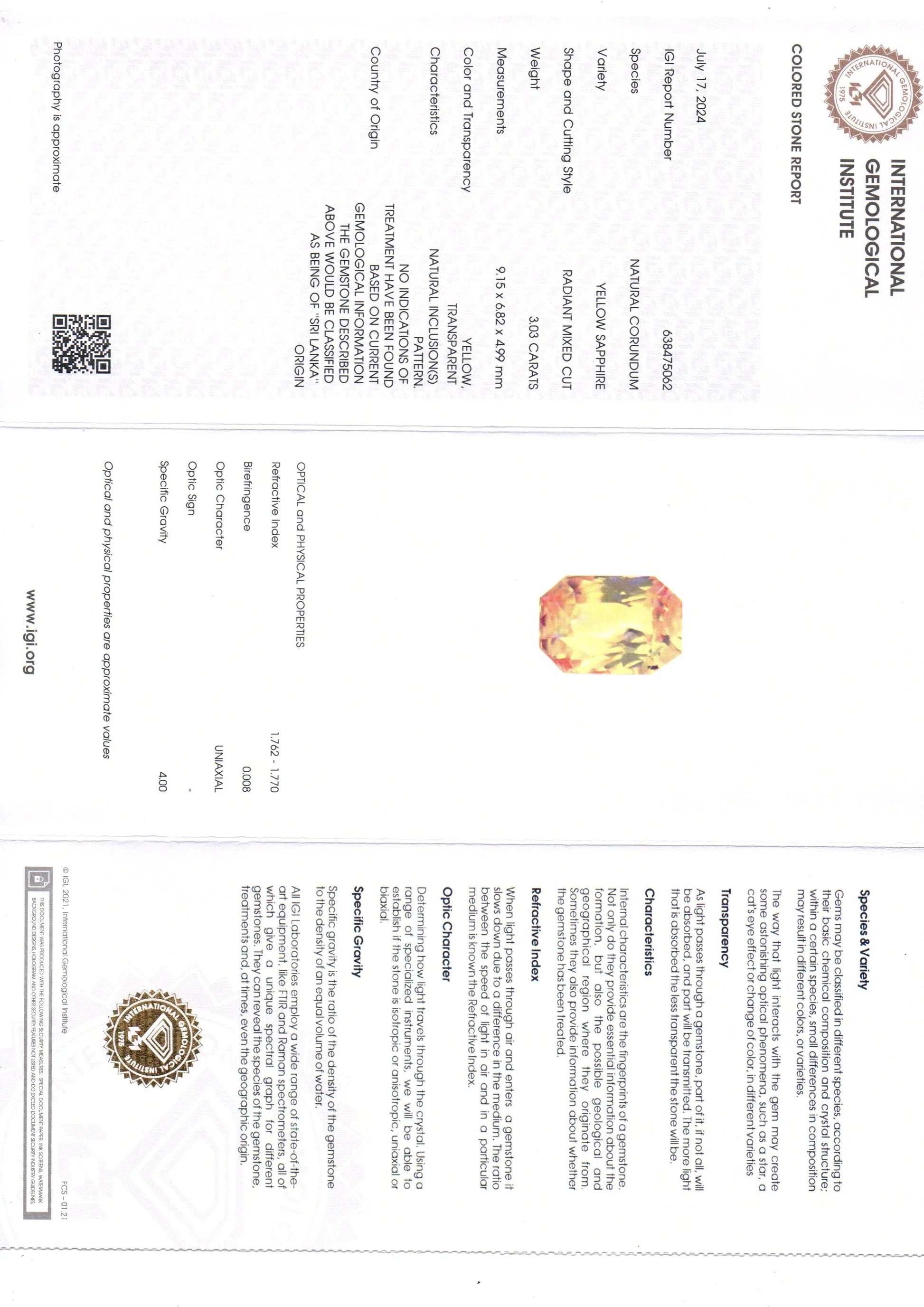 3.03 Ct IGI Certified Unheated Untreated Natural Ceylon Yellow Sapphire AAA - Venus Gems