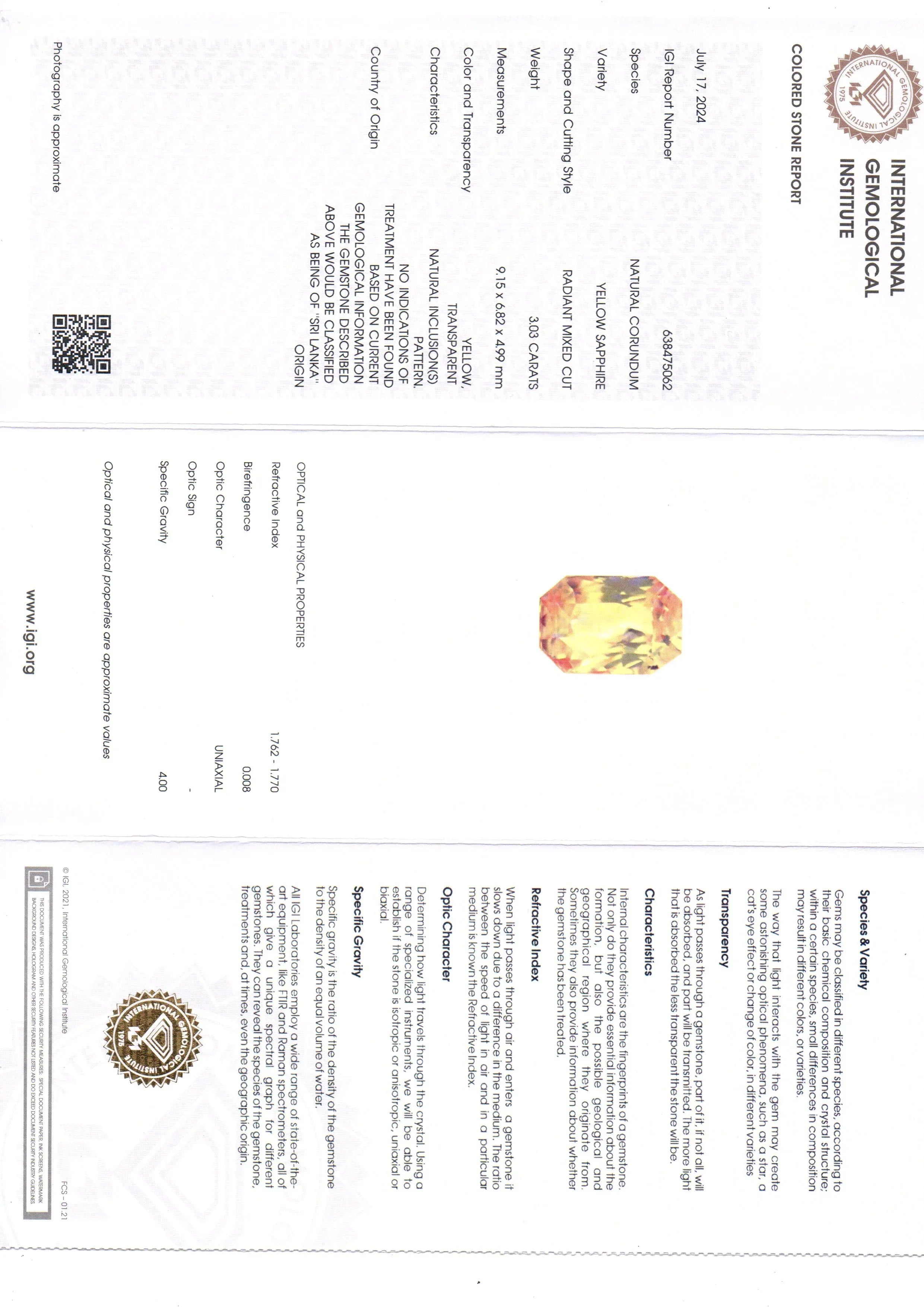 3.03 Ct IGI Certified Unheated Untreated Natural Ceylon Yellow Sapphire AAA - Venus Gems